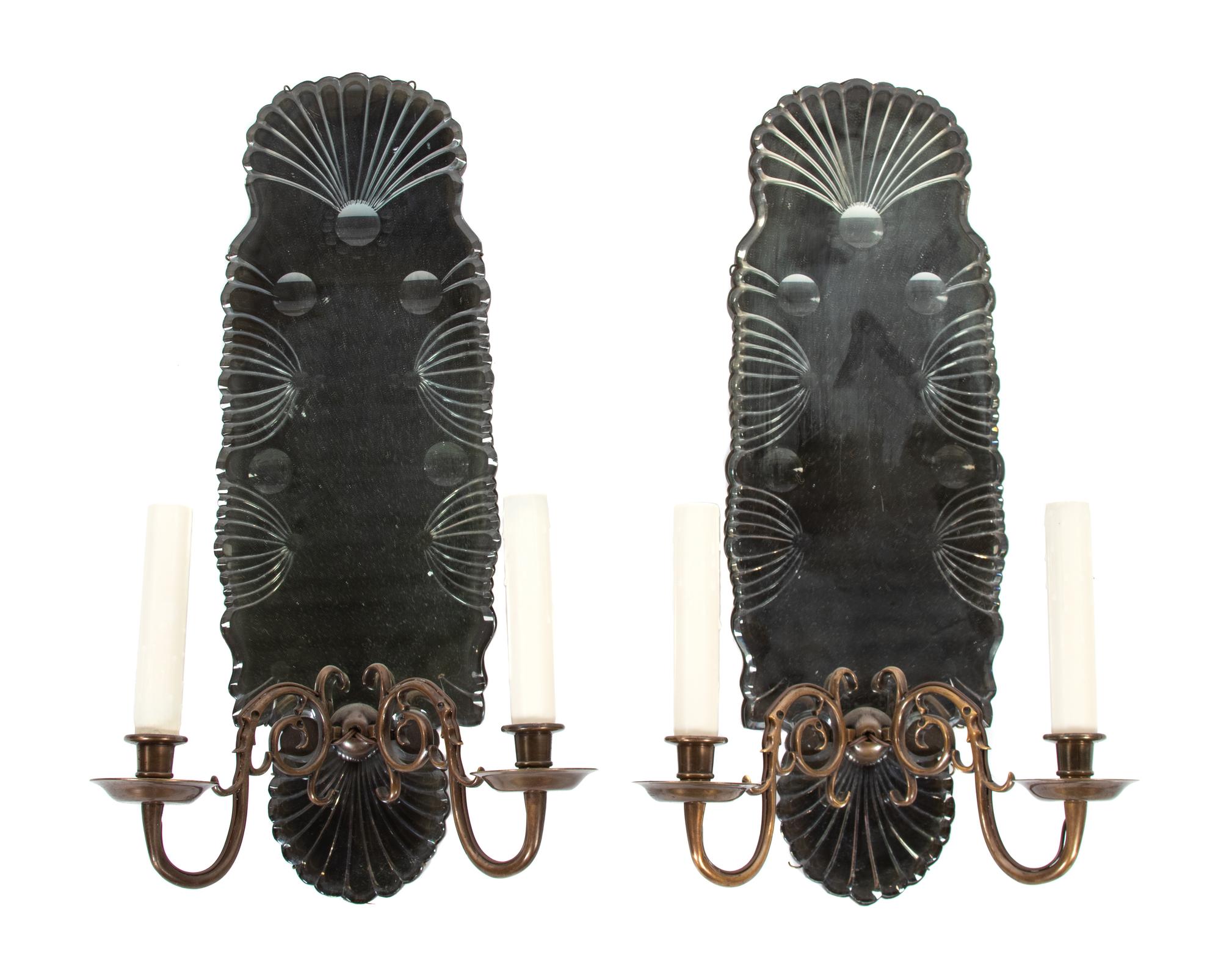 A Pair of Queen Anne Style Mirrored Brass Sconces