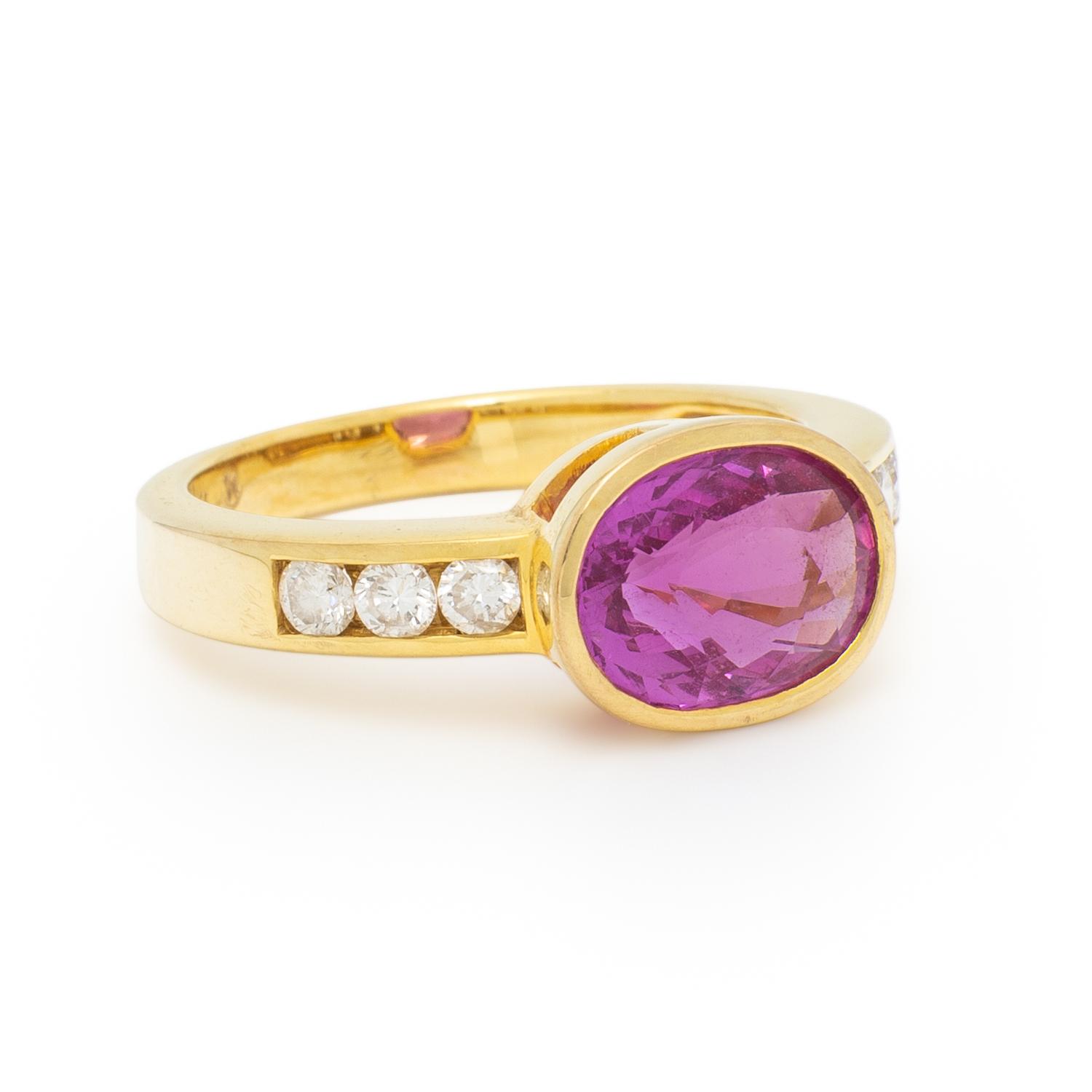PINK SAPPHIRE, DIAMOND, AND YELLOW GOLD RING