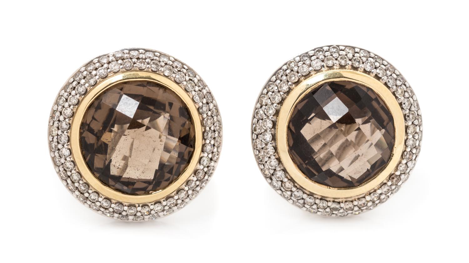 A Pair of Sterling Silver, 18 Karat Yellow Gold, Smoky Quartz and Diamond 'Cerise' Earclips, David Yurman, 8.15 dwts.