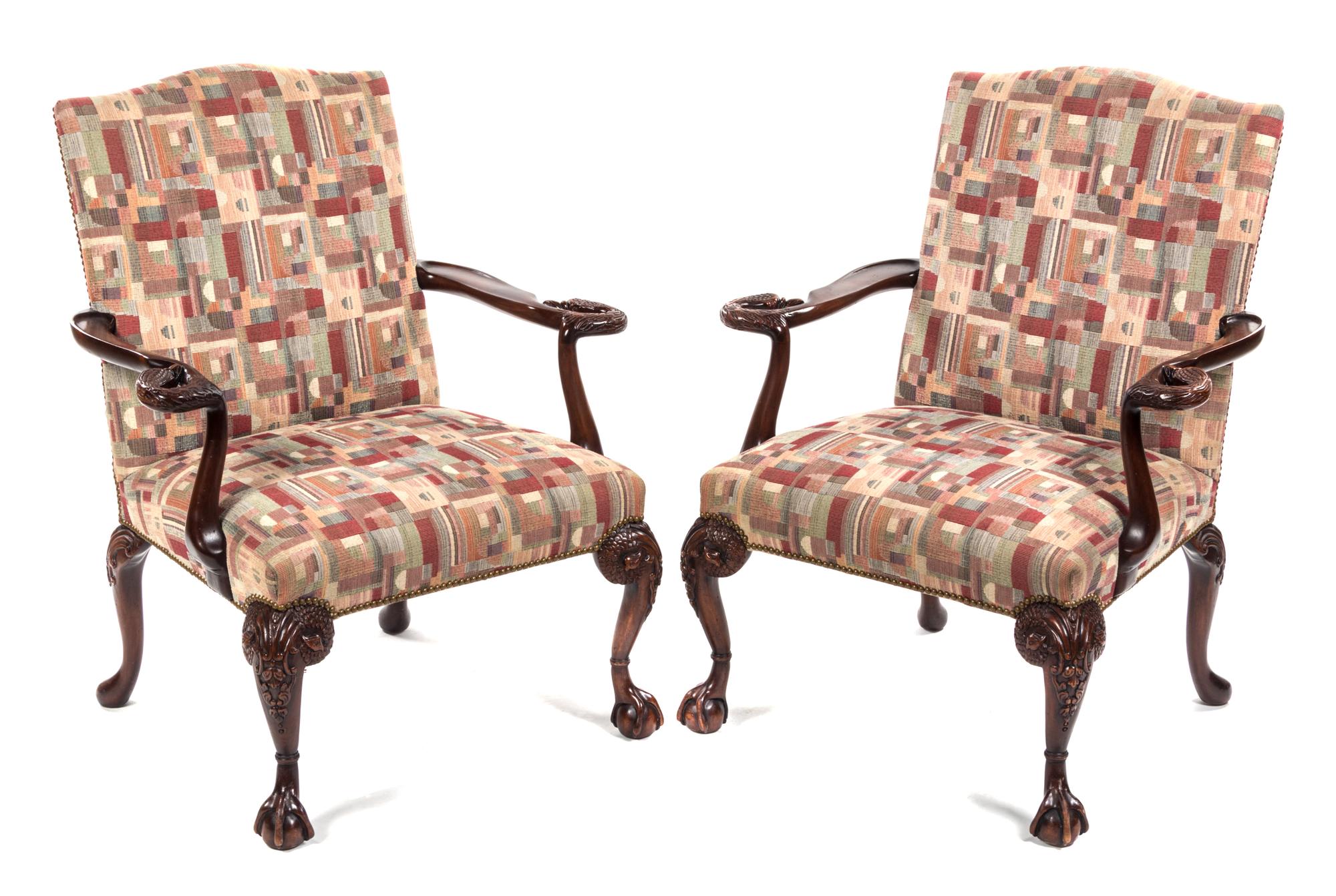 A Pair of Chippendale Style Mahogany Library Chairs, 20TH CENTURY, Height 41 1/4 inches. — 20TH CENTURY,