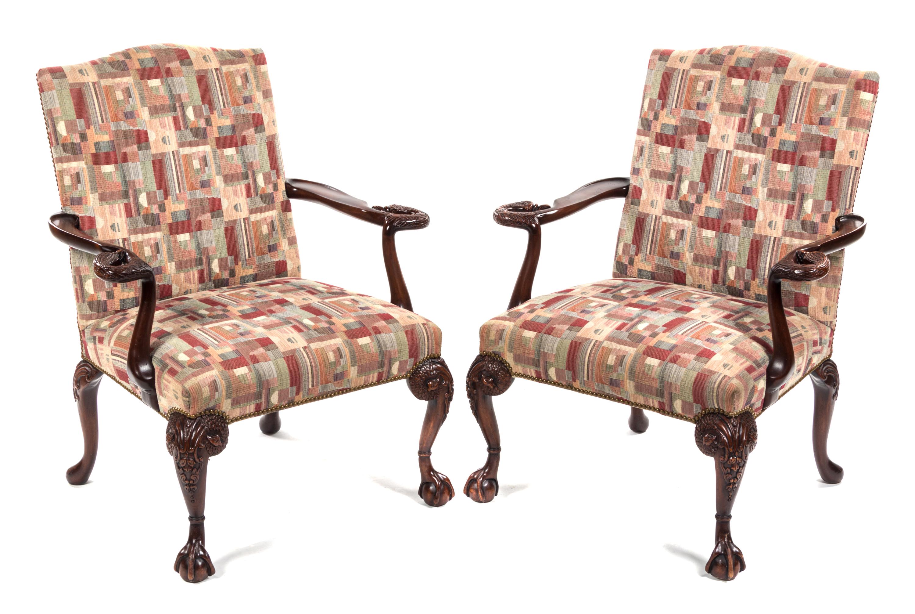 A Pair of Chippendale Style Mahogany Library Chairs, 20TH CENTURY, Height 41 1/4 inches. — 20TH CENTURY,