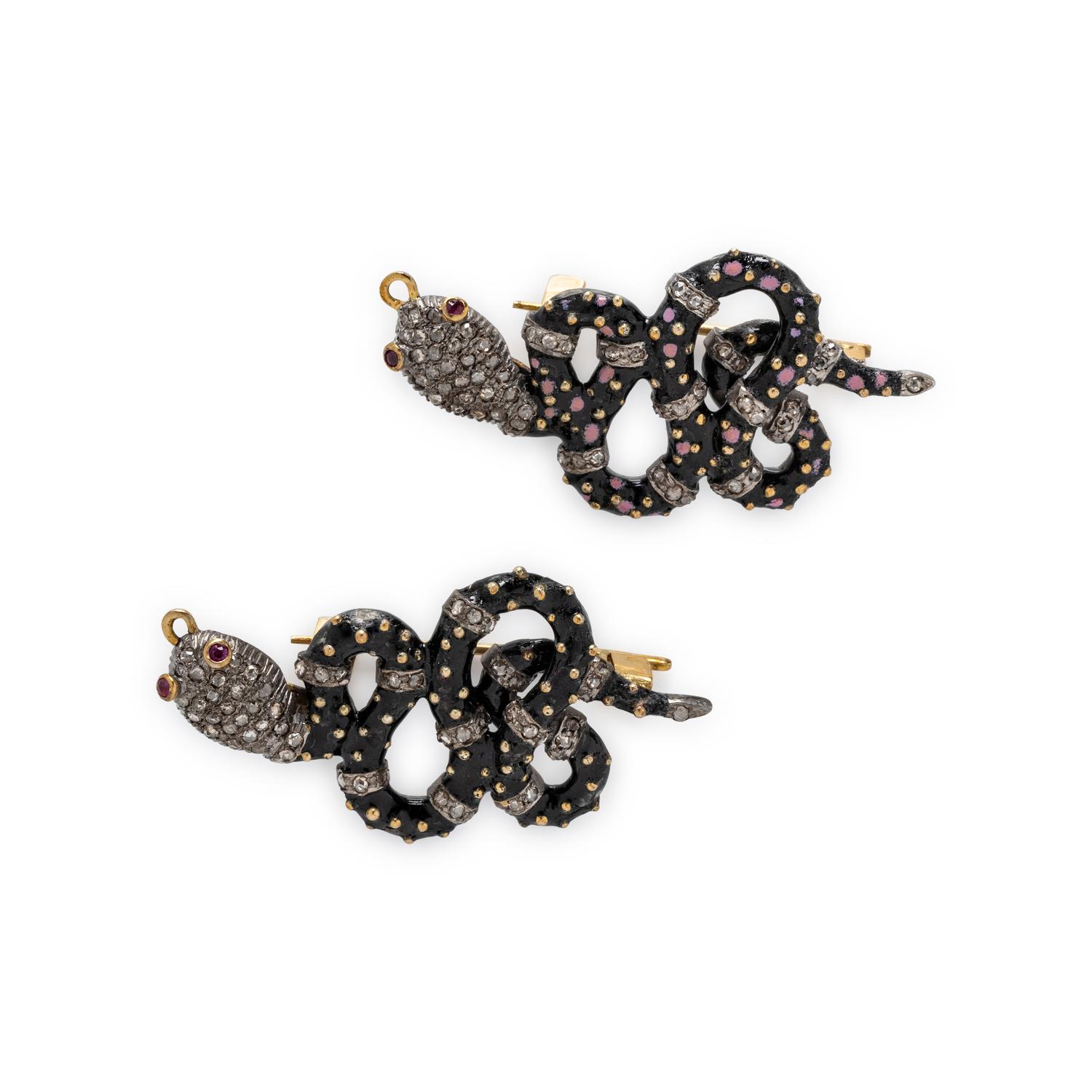 PAIR OF ENAMEL AND MULTIGEM SNAKE BROOCHES