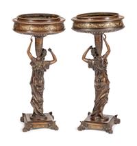 A Pair of Continental Patinated Bronze Figural Jardinieres
