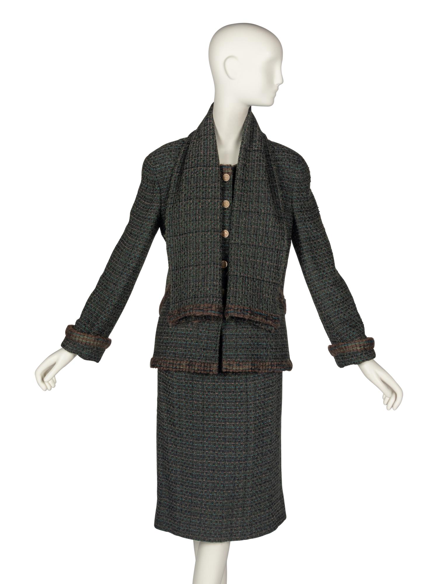 Chanel Tweed Skirt Suit With Scarf