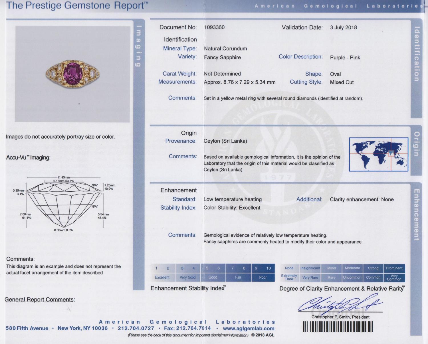 An 18 Karat Yellow Gold, Purple-Pink Ceylon Sapphire and Diamond Ring, 4.80 dwts.