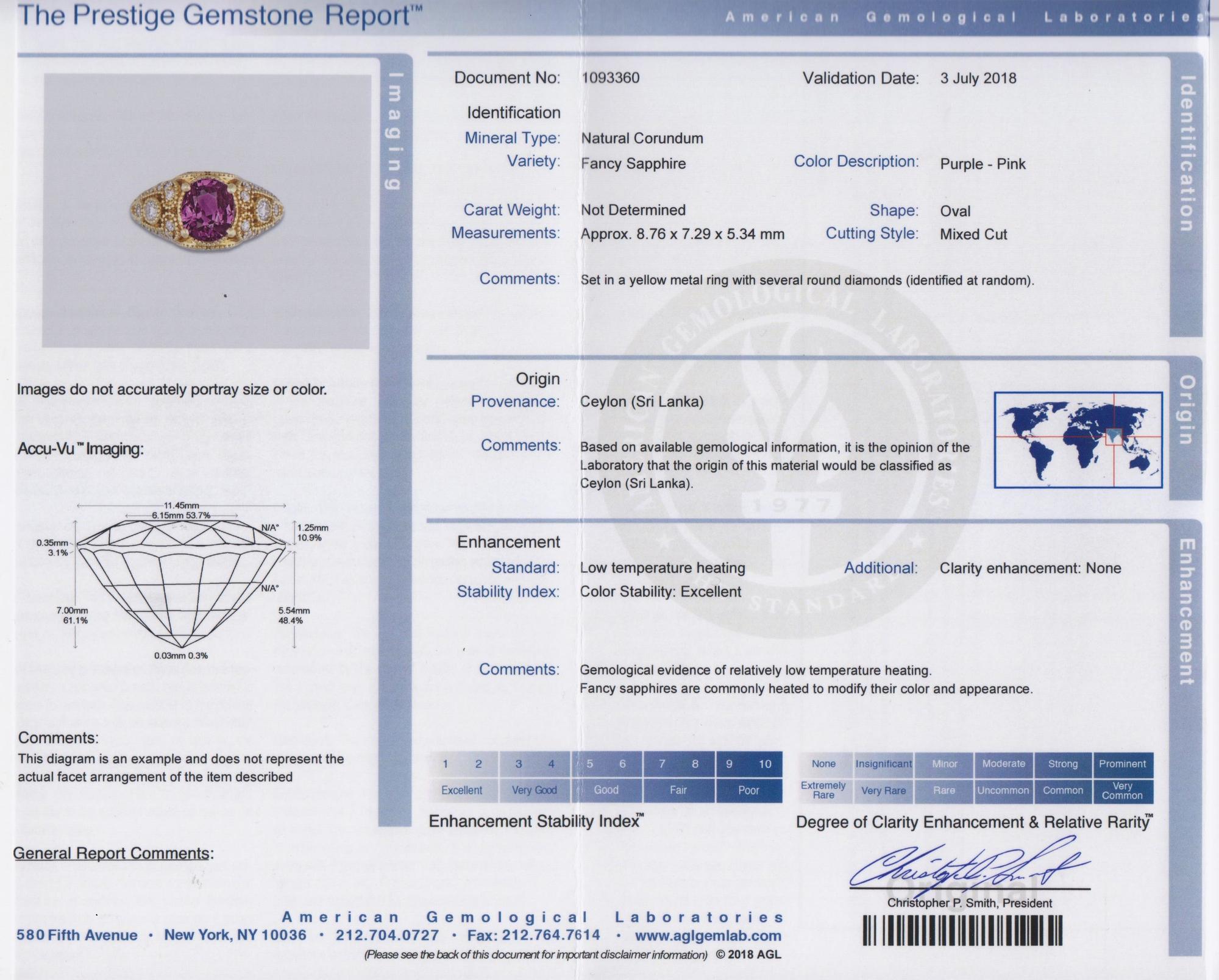 An 18 Karat Yellow Gold, Purple-Pink Ceylon Sapphire and Diamond Ring, 4.80 dwts.