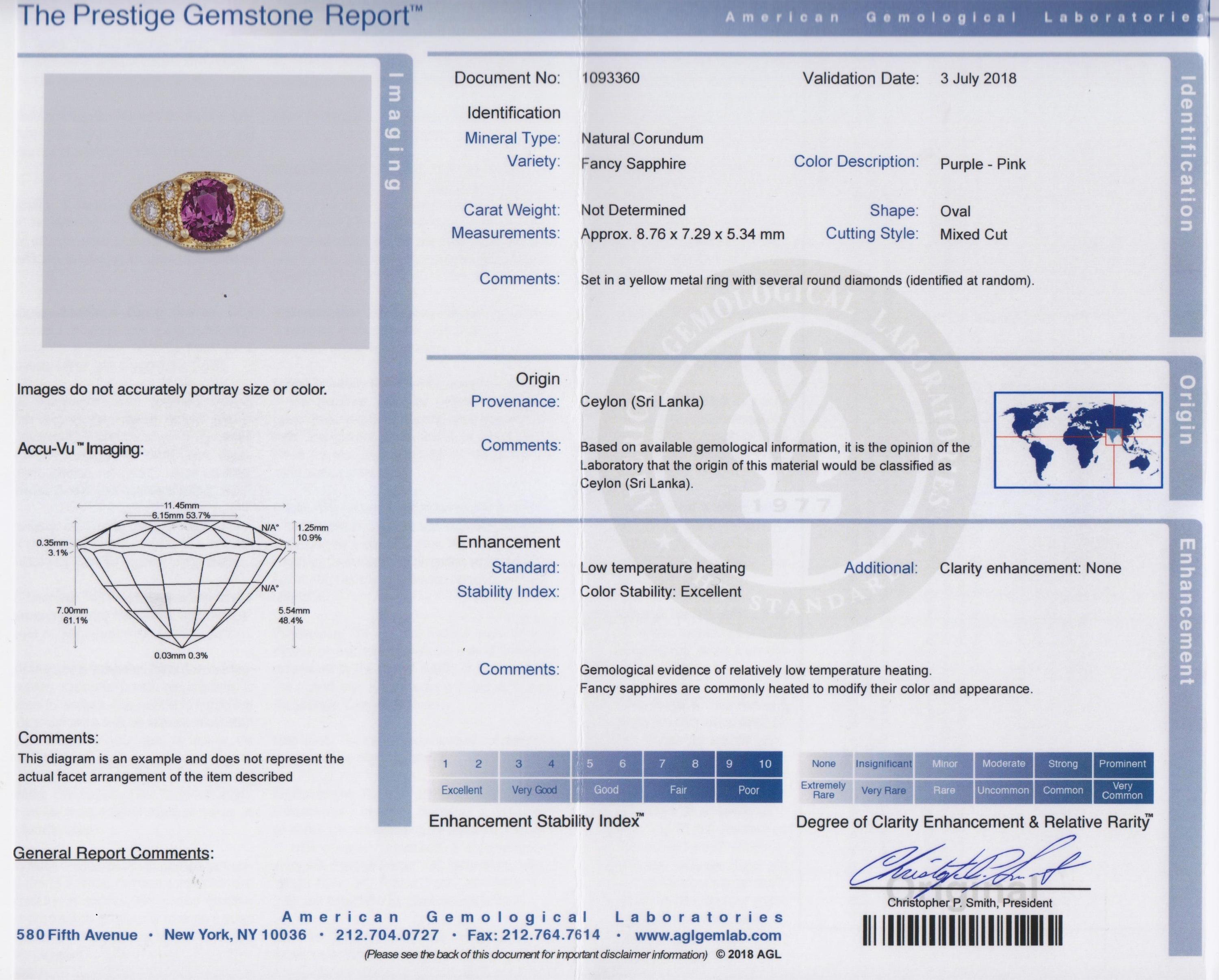 An 18 Karat Yellow Gold, Purple-Pink Ceylon Sapphire and Diamond Ring, 4.80 dwts.