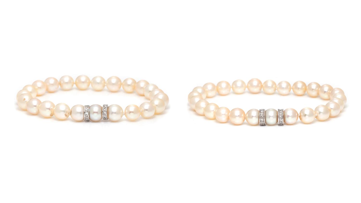 THREE CULTURED PEARL AND DIAMOND NECKLACES WITH TWO BRACELETS