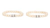 THREE CULTURED PEARL AND DIAMOND NECKLACES WITH TWO BRACELETS