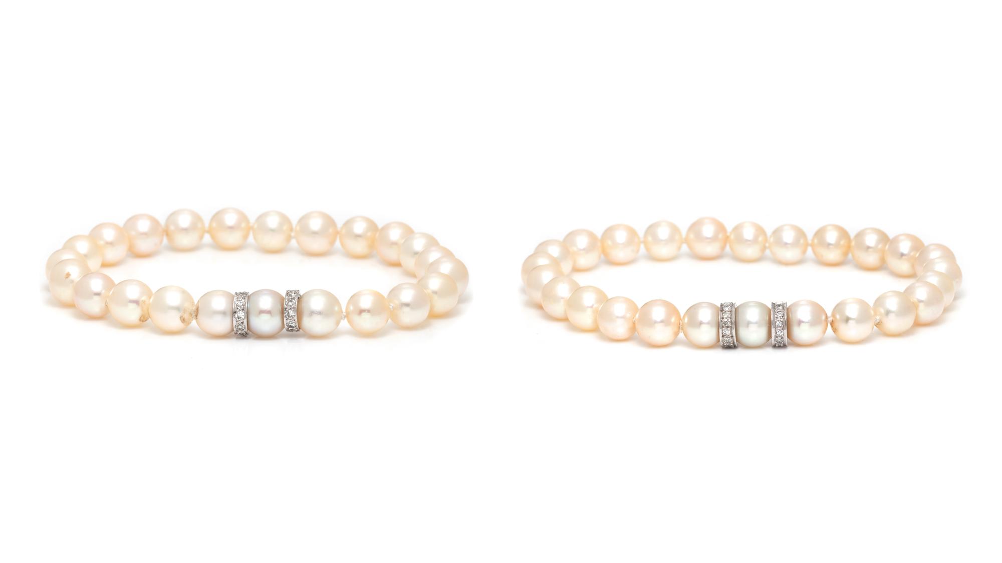 THREE CULTURED PEARL AND DIAMOND NECKLACES WITH TWO BRACELETS