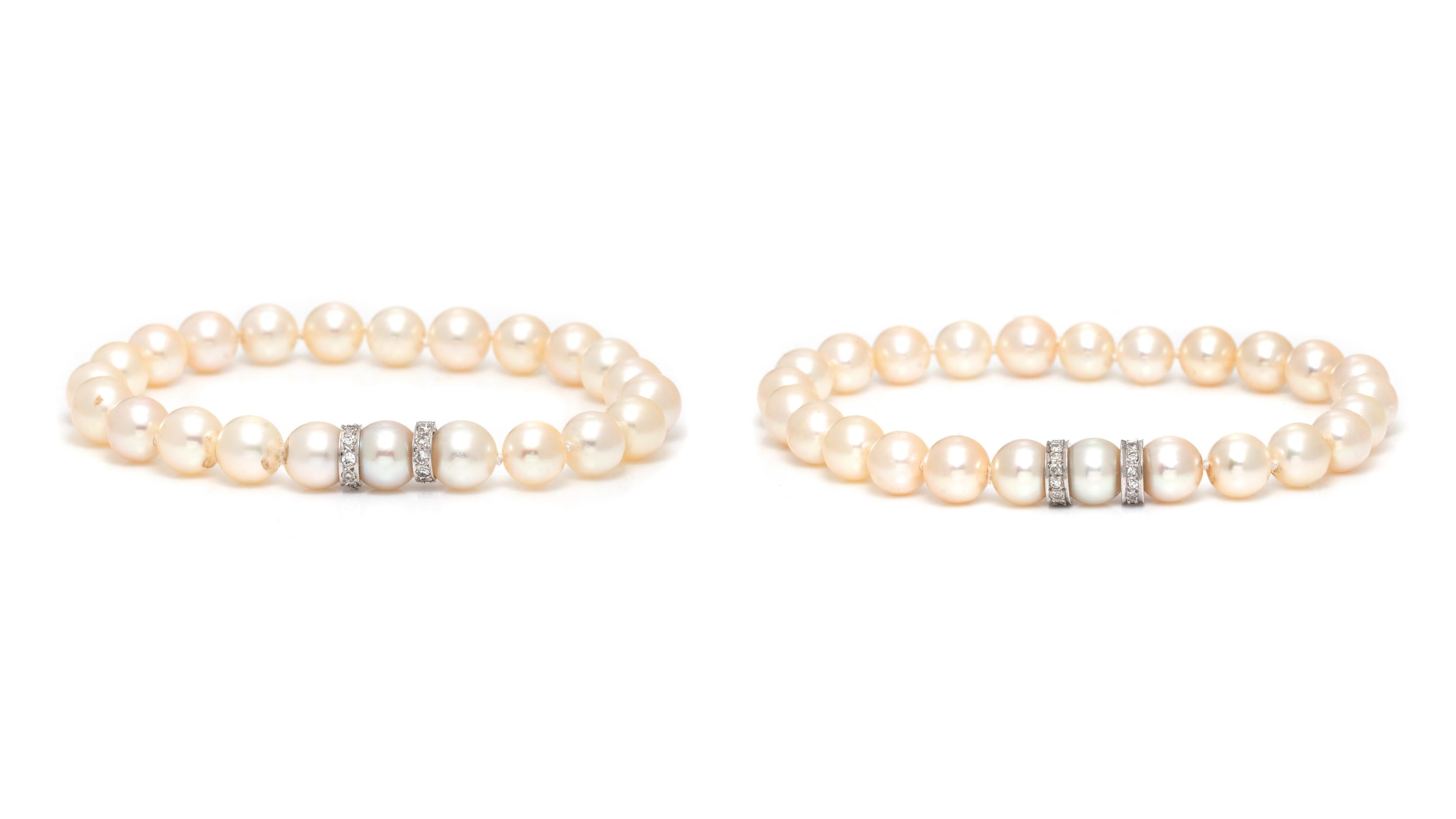 THREE CULTURED PEARL AND DIAMOND NECKLACES WITH TWO BRACELETS