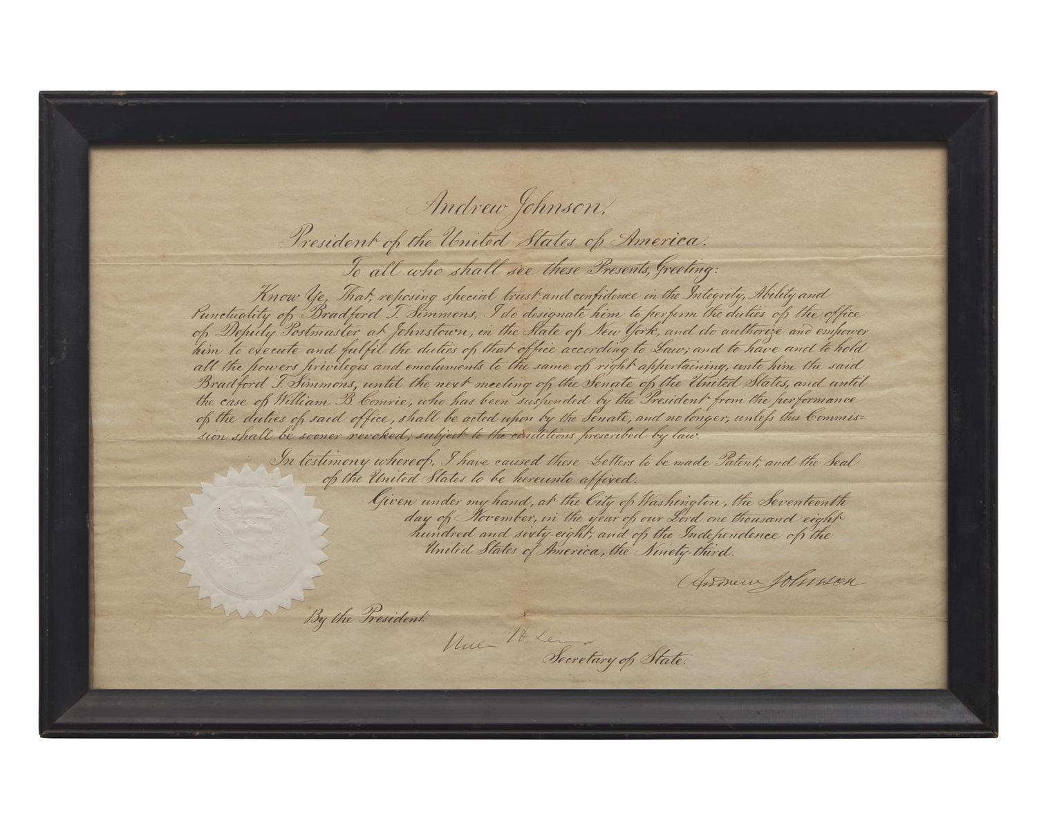[Presidential] Johnson, Andrew. Manuscript Document, signed