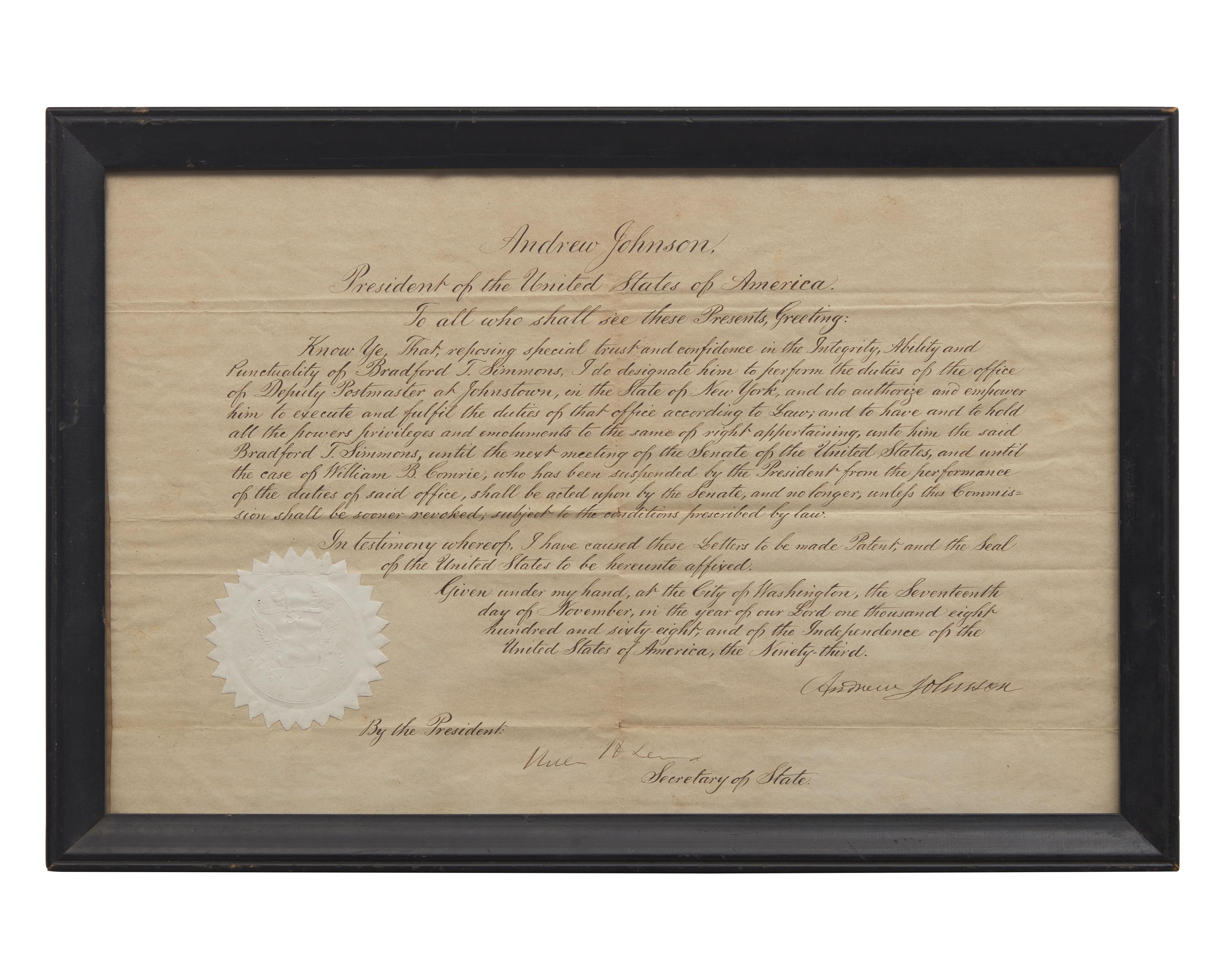 [Presidential] Johnson, Andrew. Manuscript Document, signed