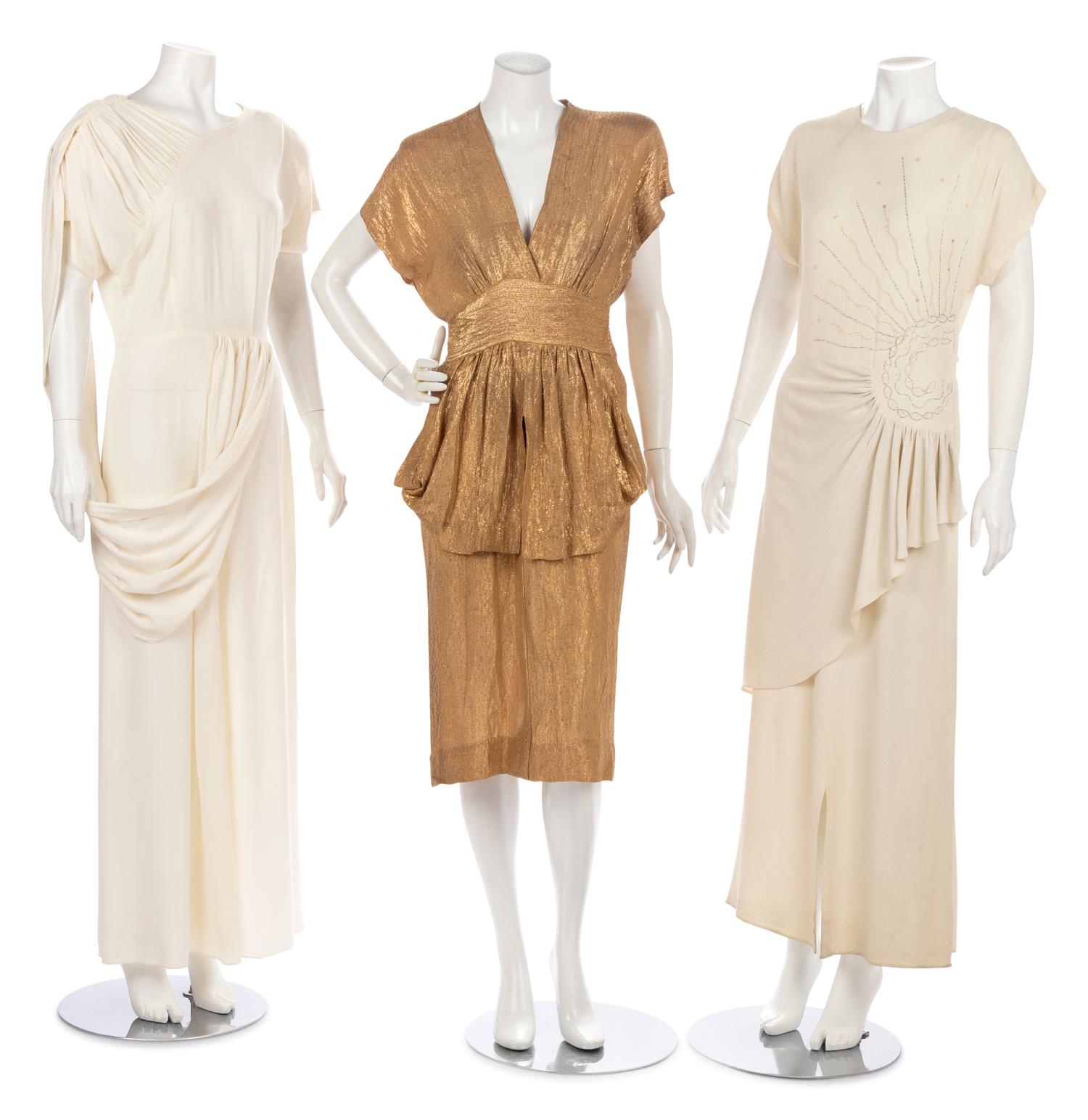 Three Dresses; One Draped White Dress, One Gold Lamé Dress, One White Beaded and Sequined Dress, 1940s