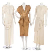 Three Dresses; One Draped White Dress, One Gold Lamé Dress, One White Beaded and Sequined Dress, 1940s