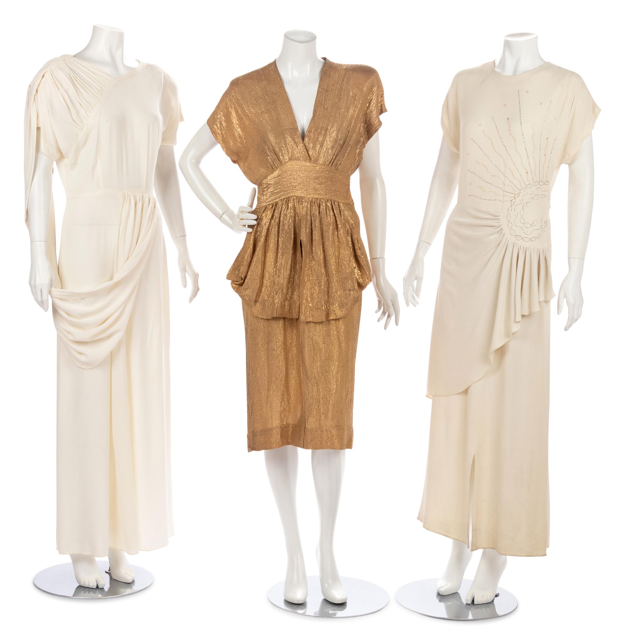 Three Dresses; One Draped White Dress, One Gold Lamé Dress, One White Beaded and Sequined Dress, 1940s