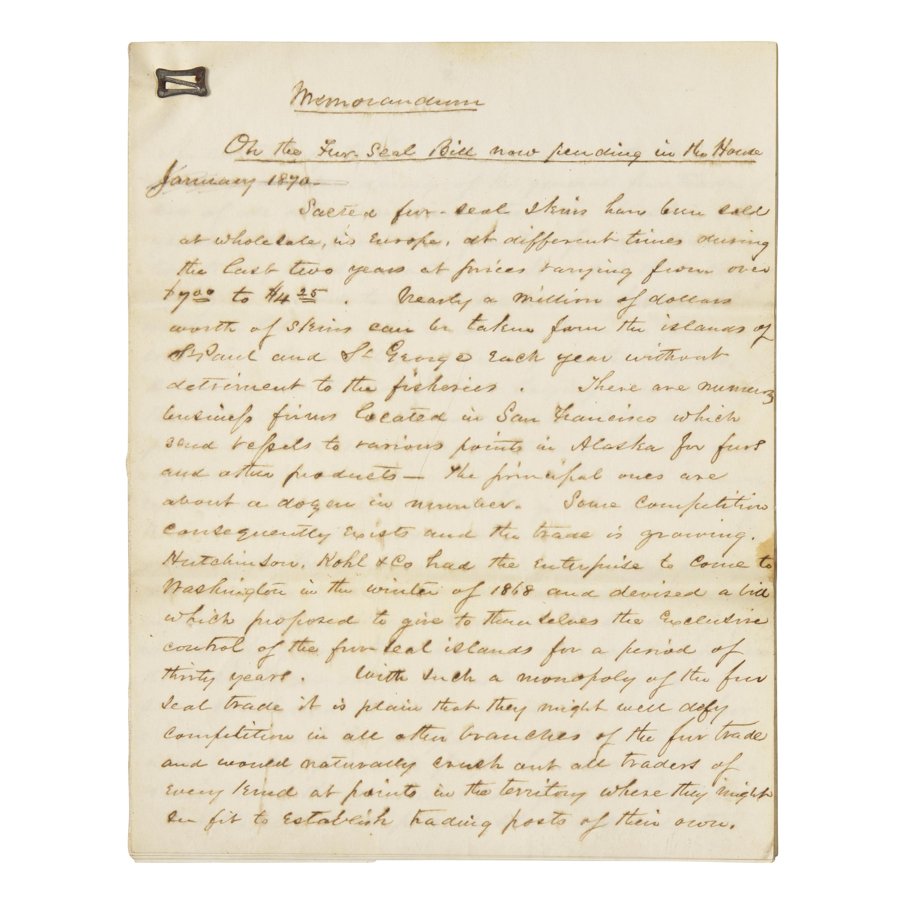 [Alaska] Manuscript document, "On the Fur Seal Bill"