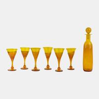 Yellow Glass Decanter with Stopper and Six Goblets, c. 1970