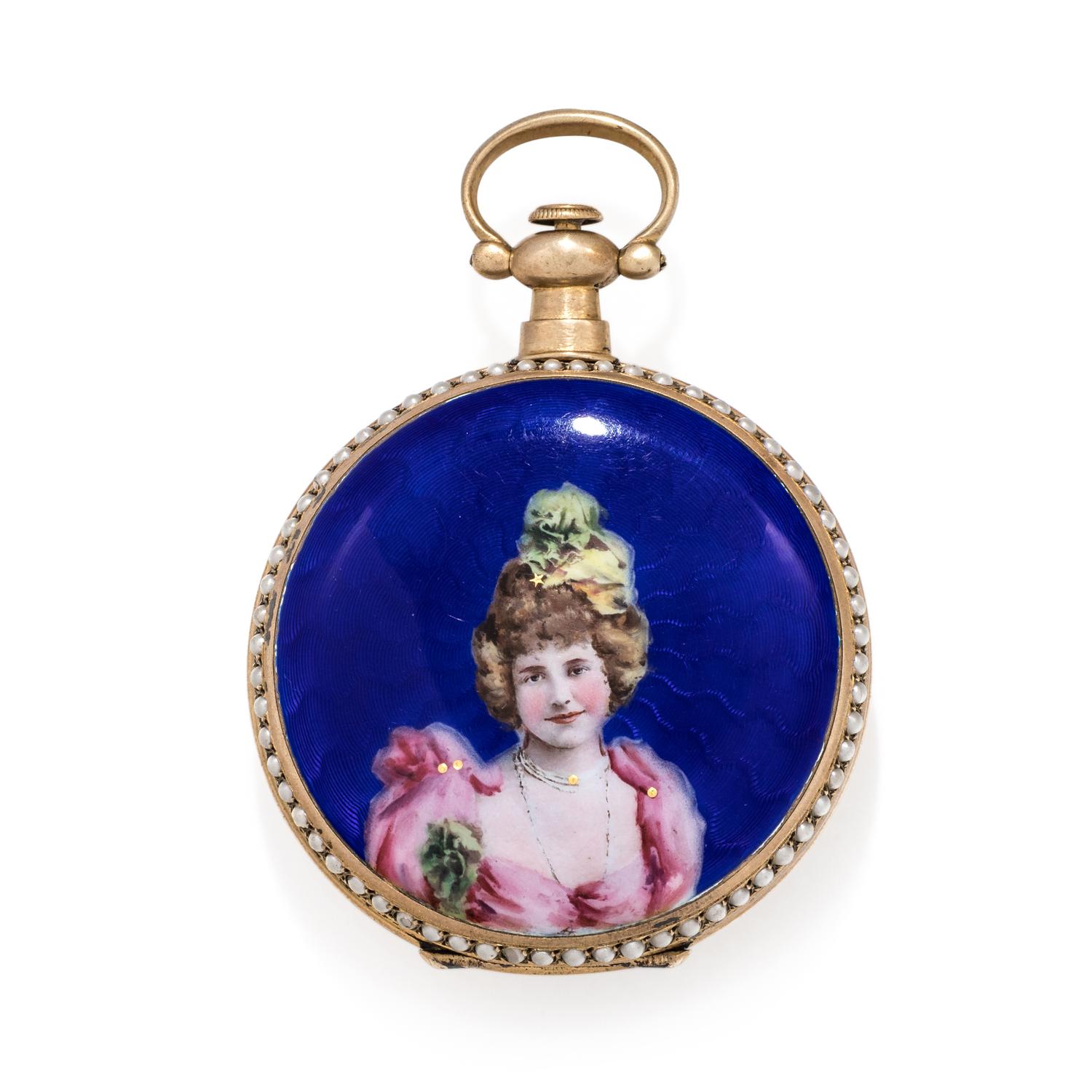 SILVER-GILT, PEARL AND ENAMEL OPEN FACE POCKET WATCH