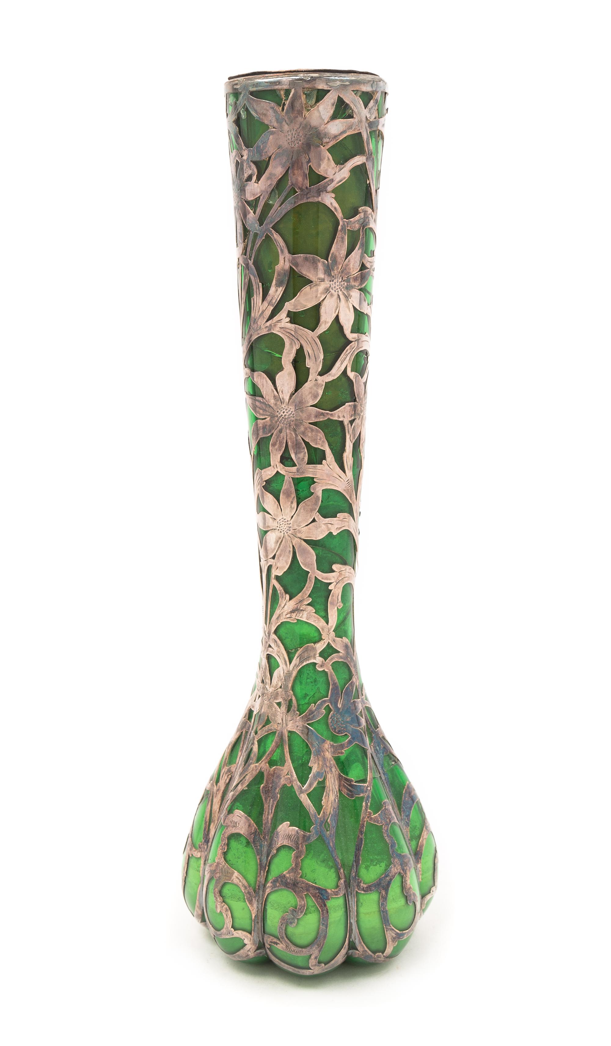 A Silver Overlay Glass Vase, Height 16 inches