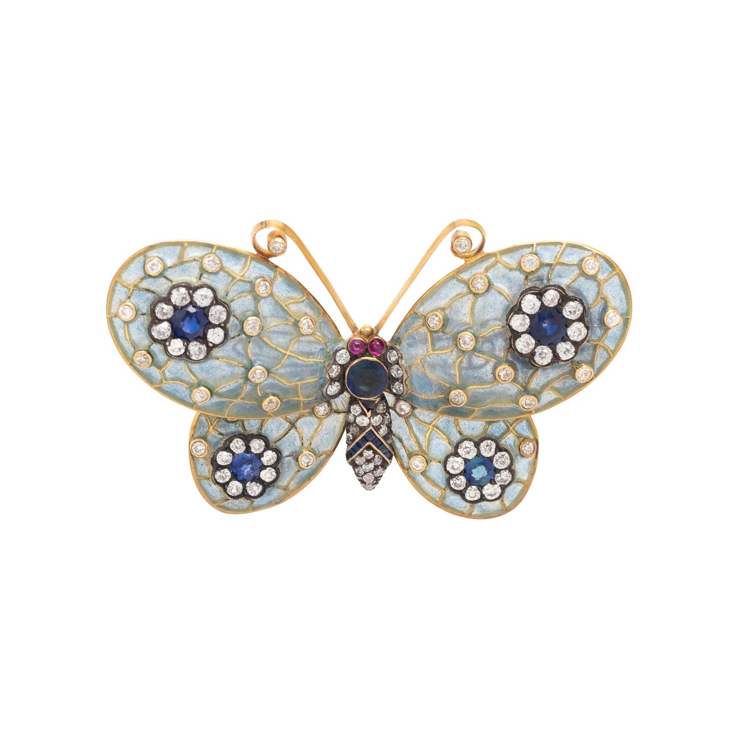 EVELYN CLOTHIER, SAPPHIRE, DIAMOND AND PLIQUE-À-JOUR ENAMEL BUTTERFLY BROOCH