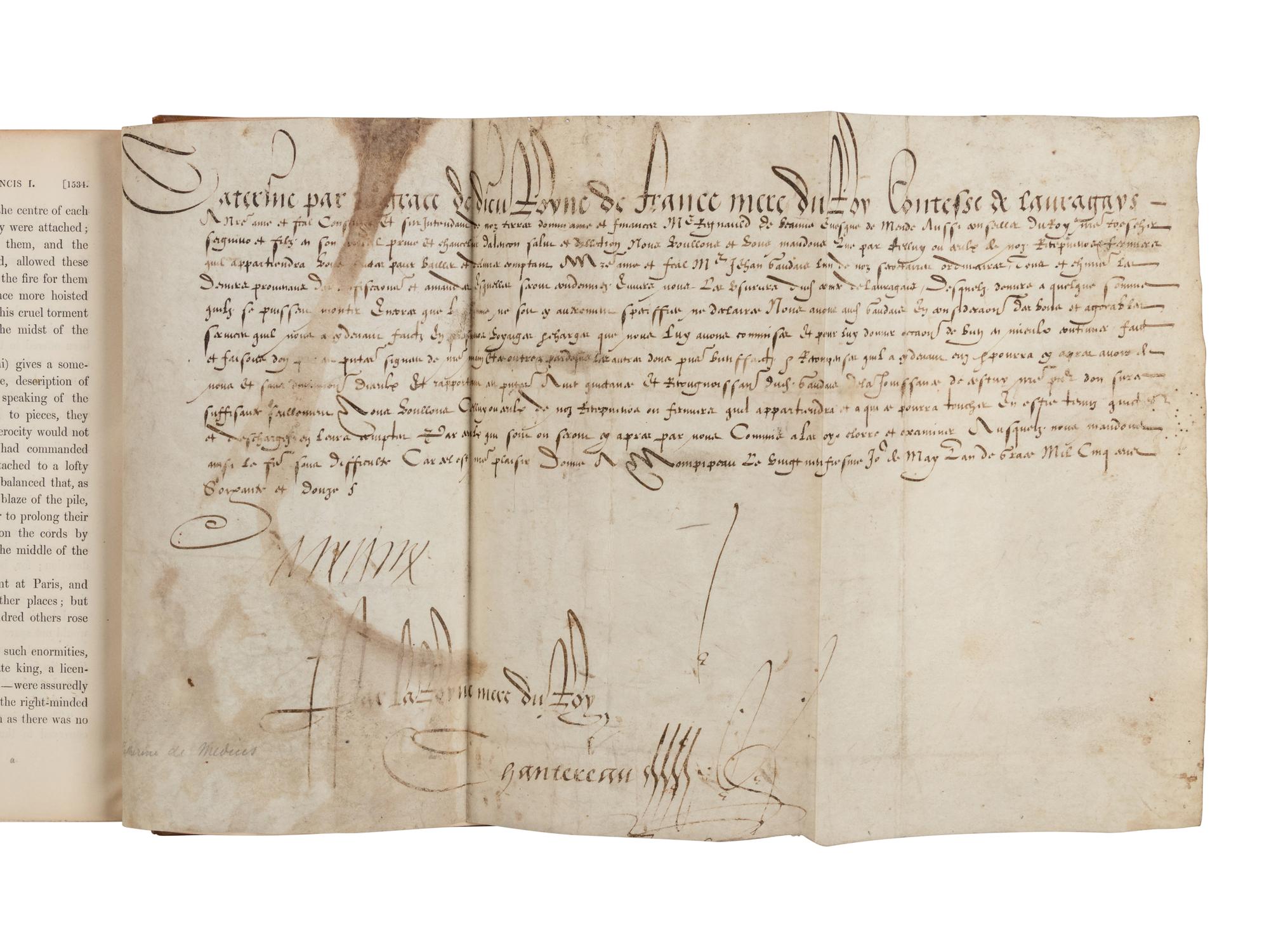 MEDICI, Catherine de (1519-1589). Autograph document signed ("Catherine"), n.d., ca 1547-1563.