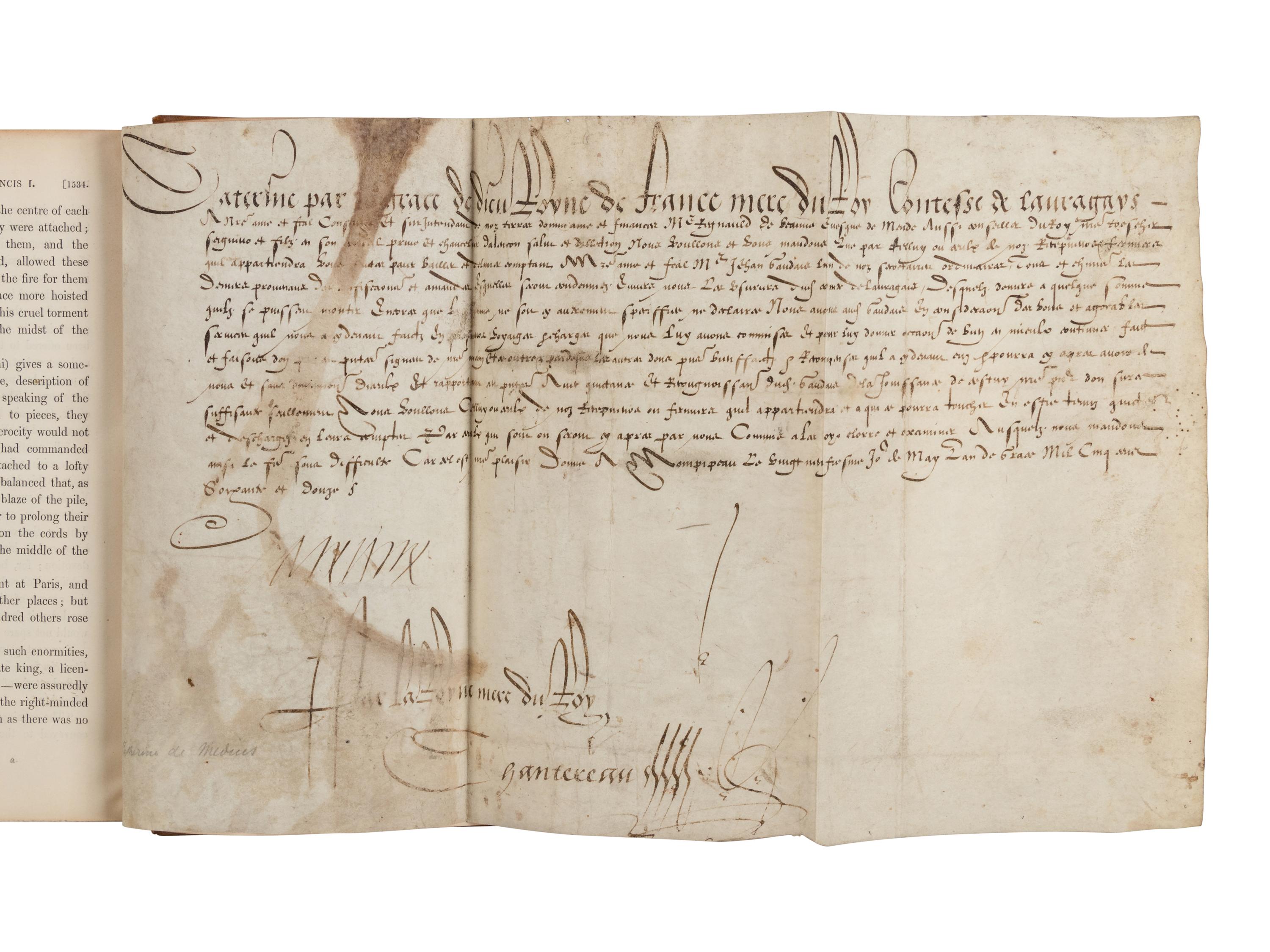 MEDICI, Catherine de (1519-1589). Autograph document signed ("Catherine"), n.d., ca 1547-1563.