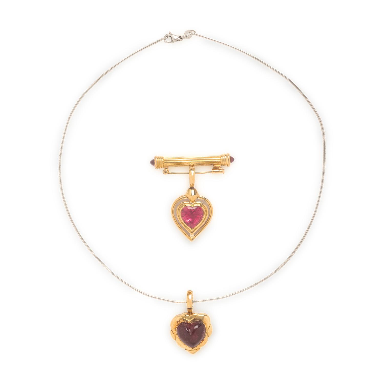 Two Multigem and Yellow Gold Pendants and a Platinum Chain