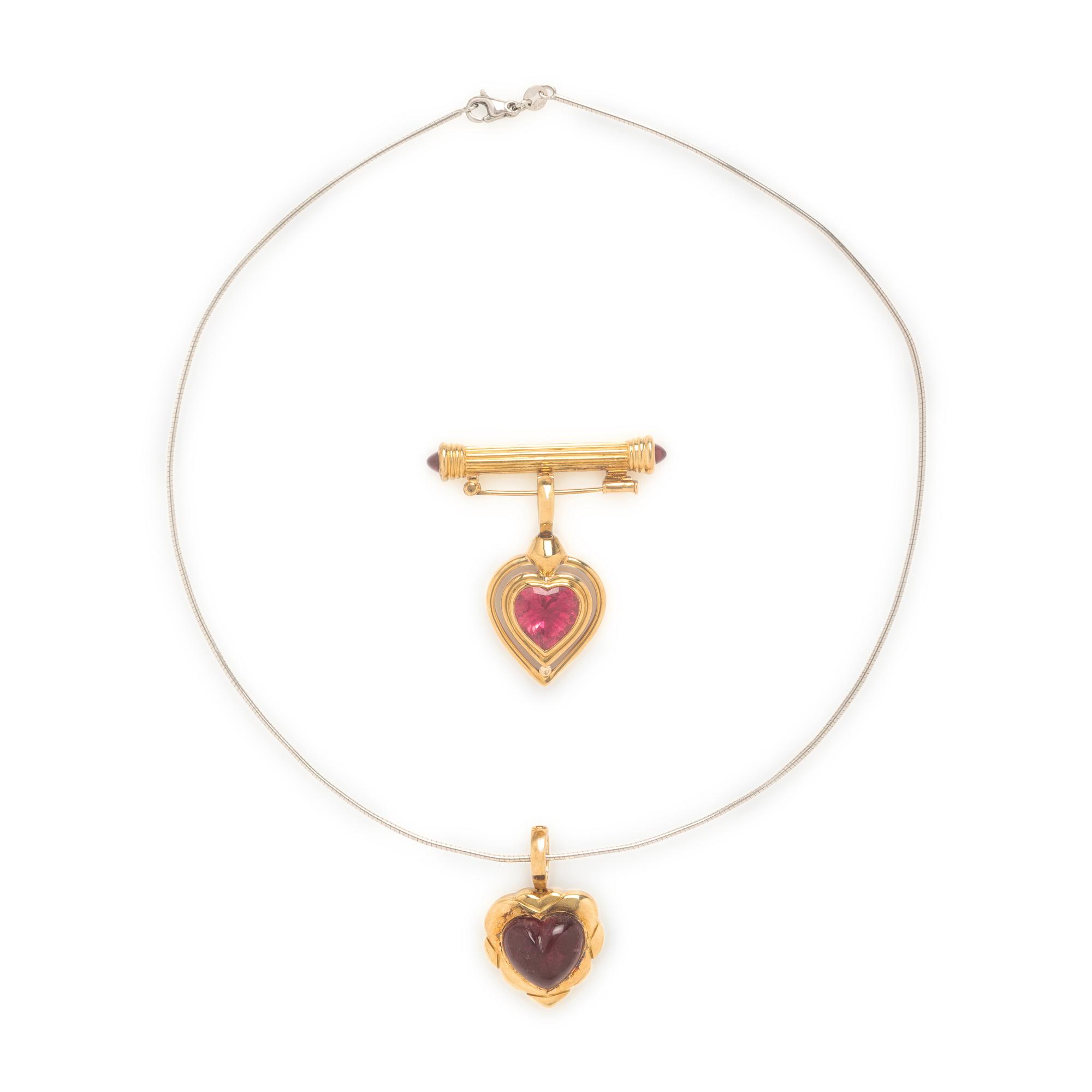 Two Multigem and Yellow Gold Pendants and a Platinum Chain