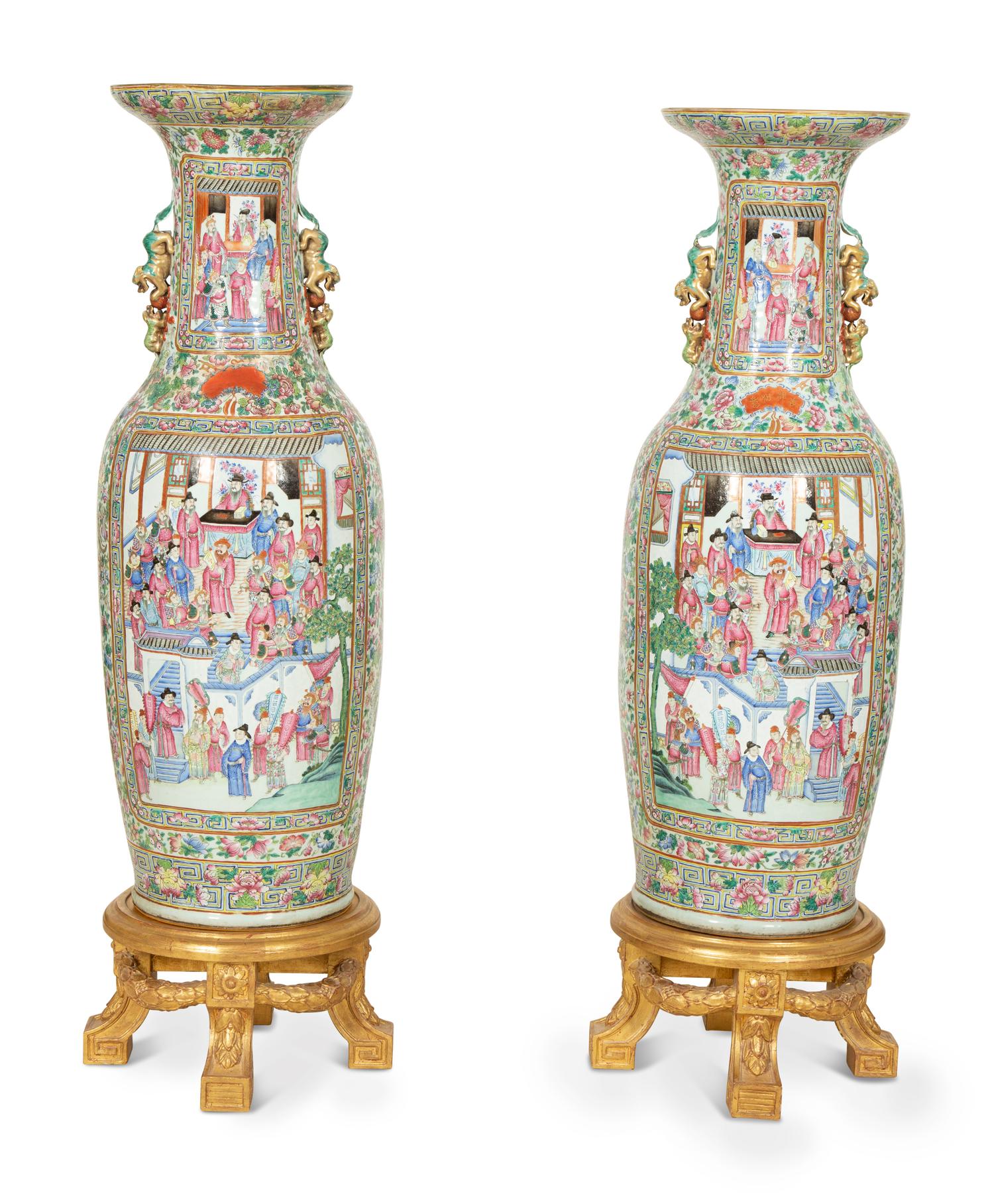A Pair of Large Chinese Canton Style Porcelain Floor Vases on Giltwood Stands