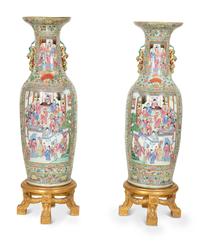 A Pair of Large Chinese Canton Style Porcelain Floor Vases on Giltwood Stands