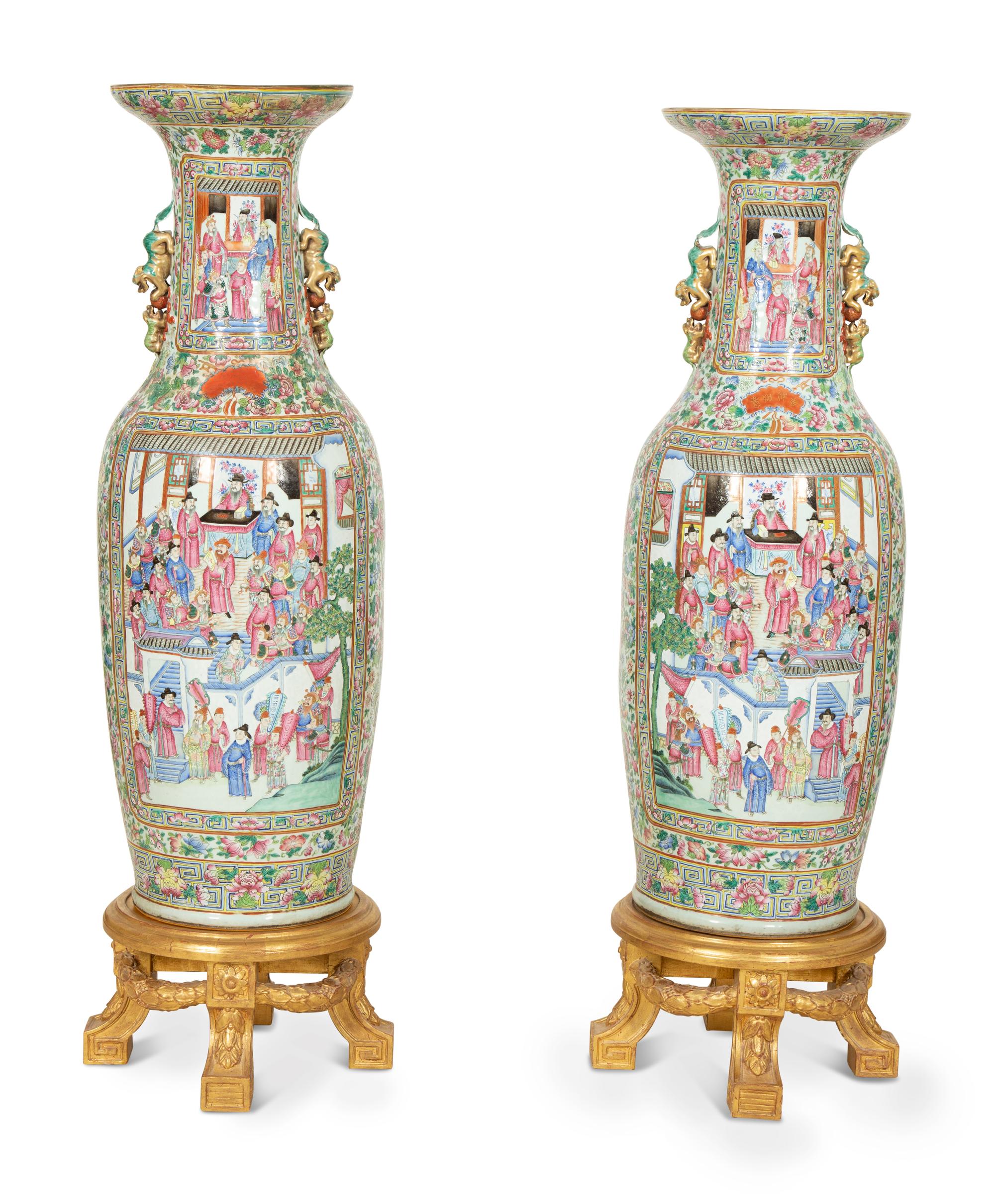 A Pair of Large Chinese Canton Style Porcelain Floor Vases on Giltwood Stands