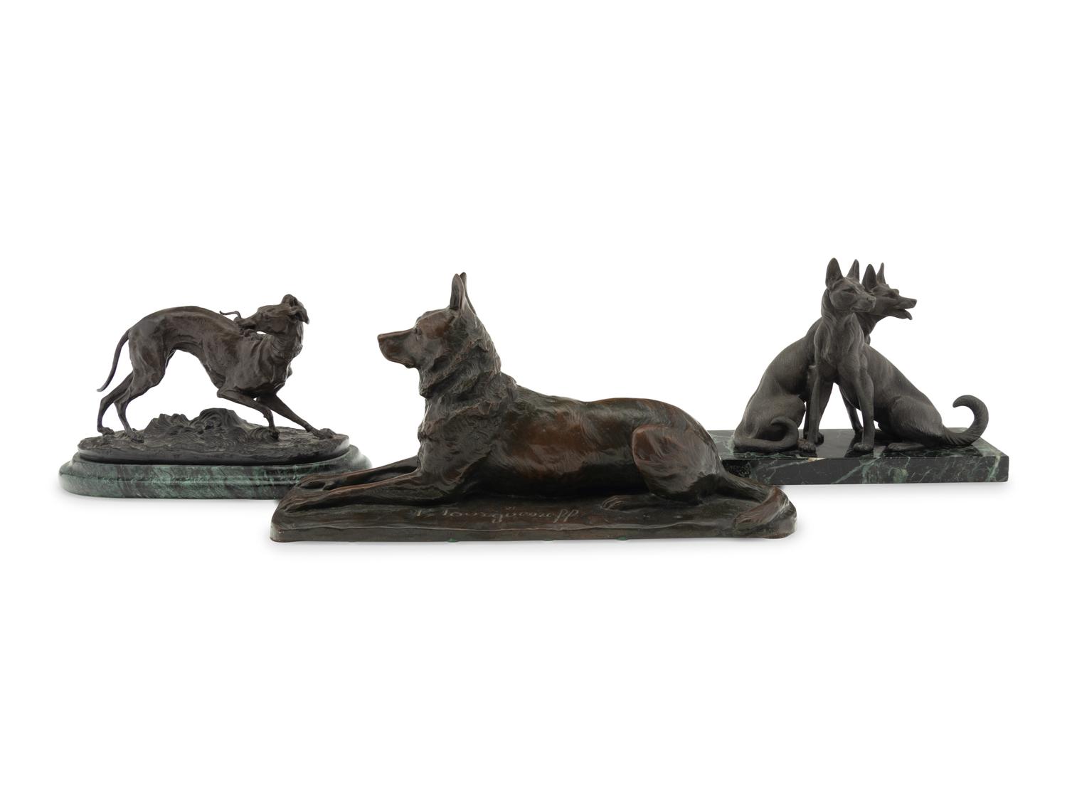A Group of Seven French Bronze and Patinated Metal Animalier Groups