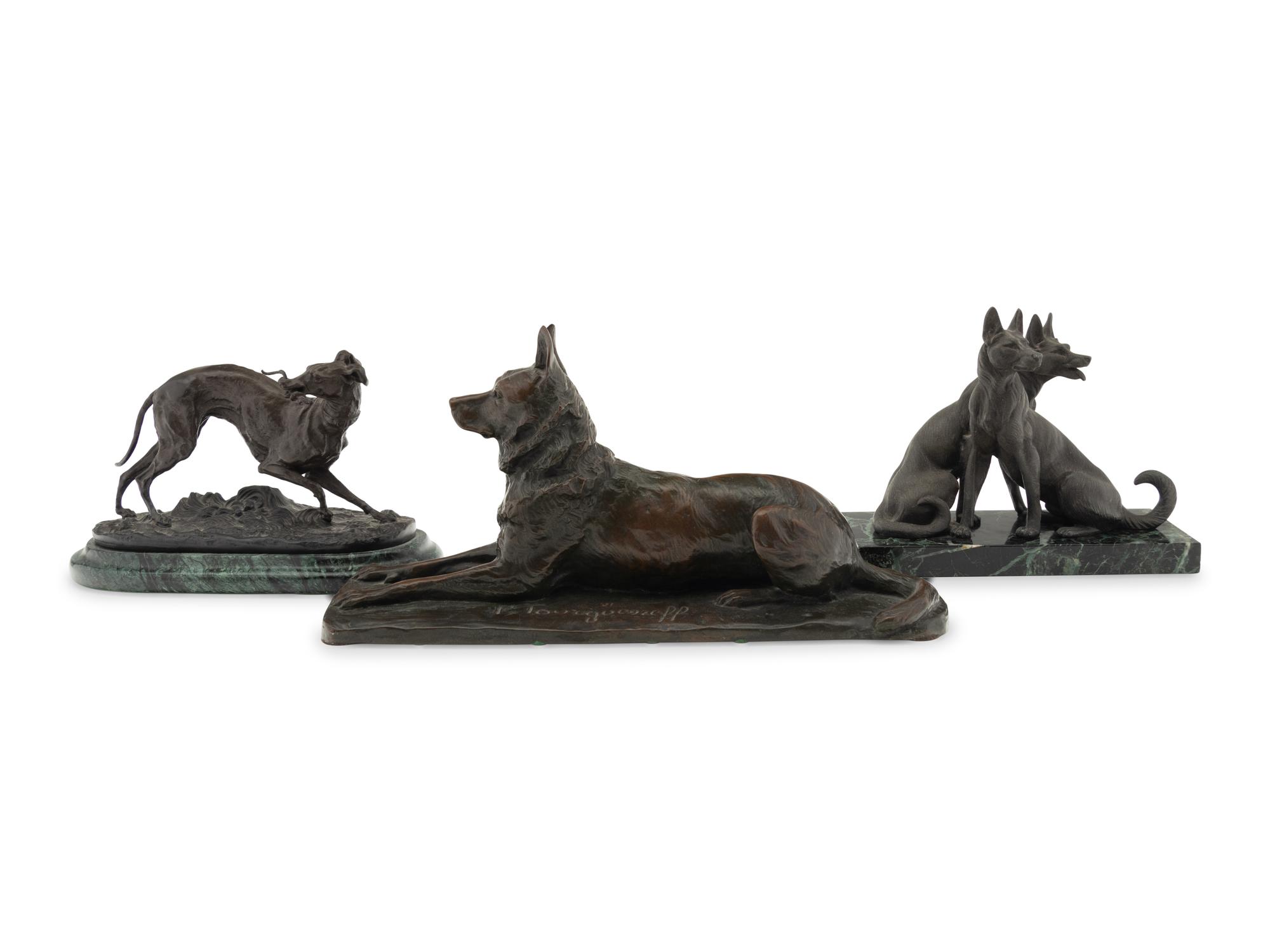 A Group of Seven French Bronze and Patinated Metal Animalier Groups