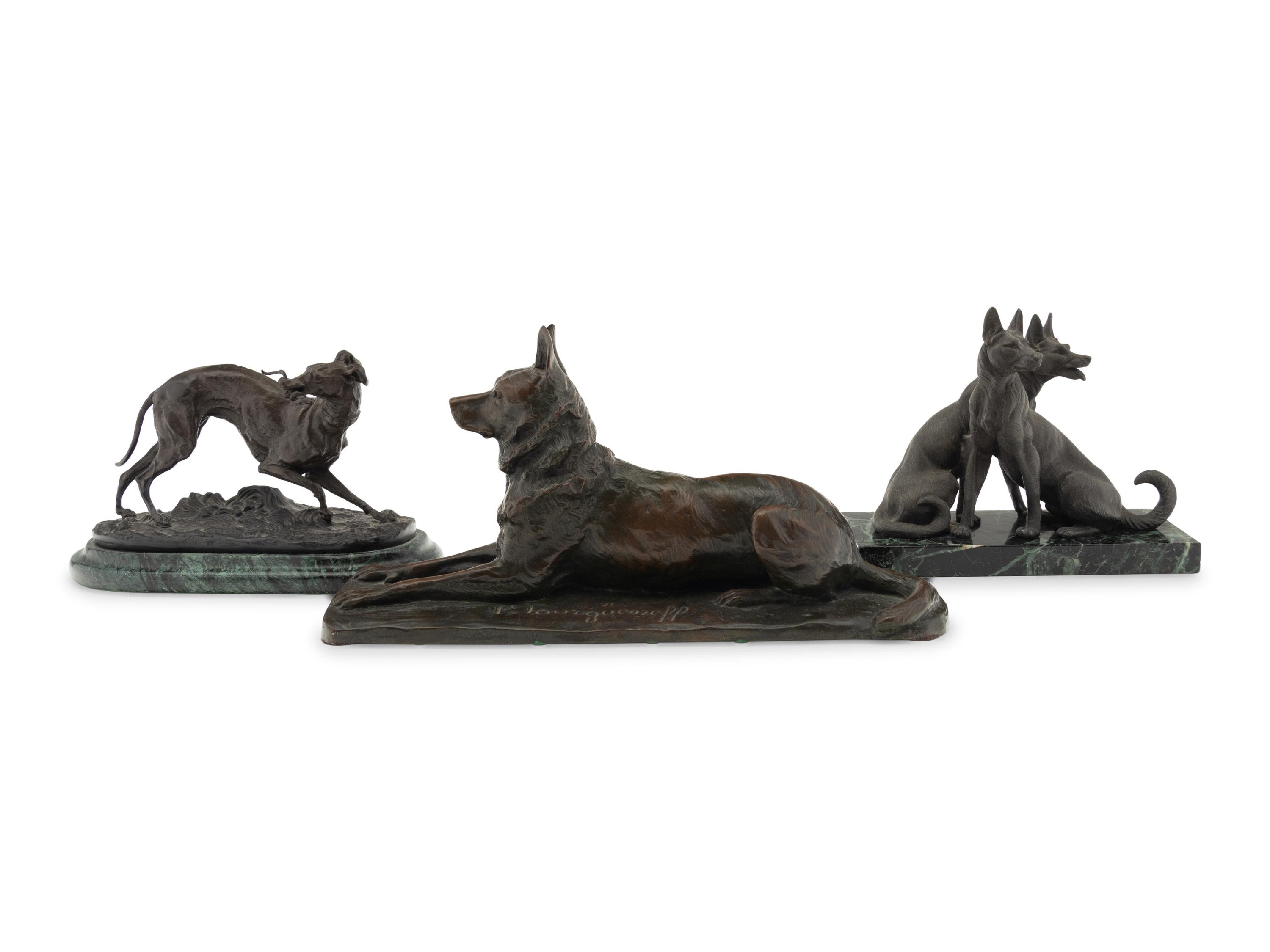 A Group of Seven French Bronze and Patinated Metal Animalier Groups