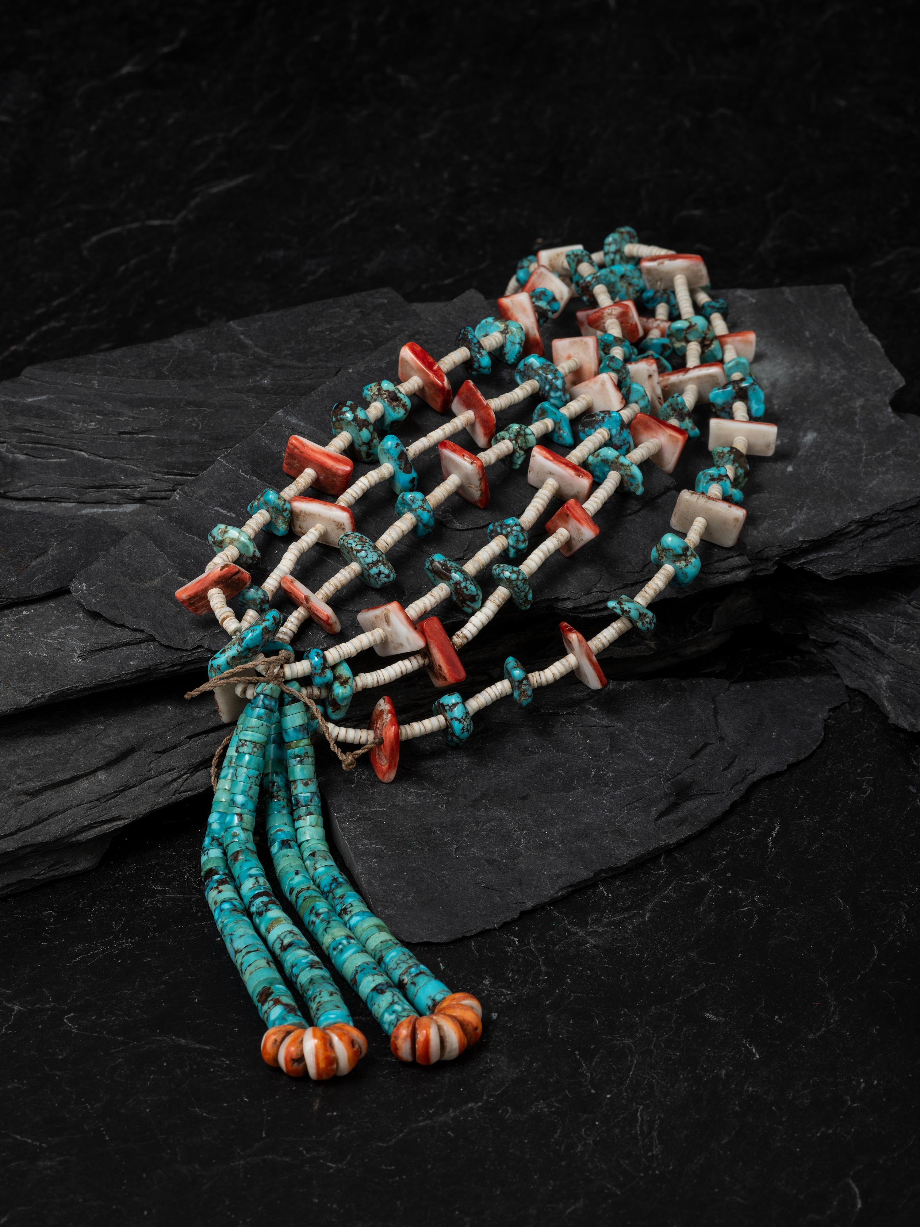 Pueblo Multi-strand Heishi Necklace, with Rolled Turquoise Joclas