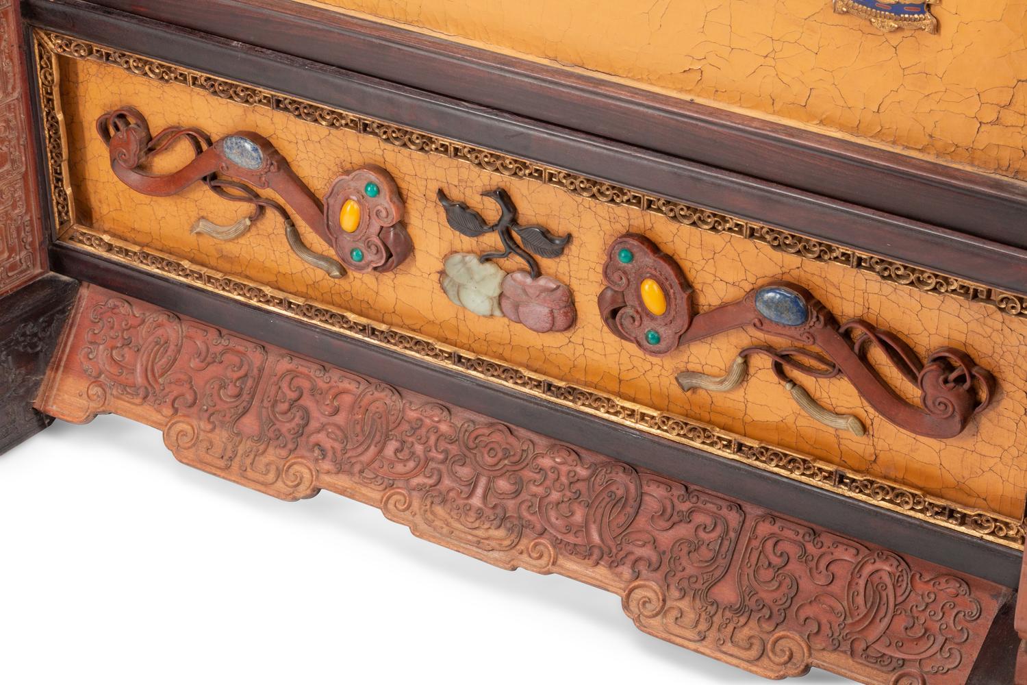 A Pair of Large Chinese Export Cloisonné and Hardstone-Mounted Floor Screens