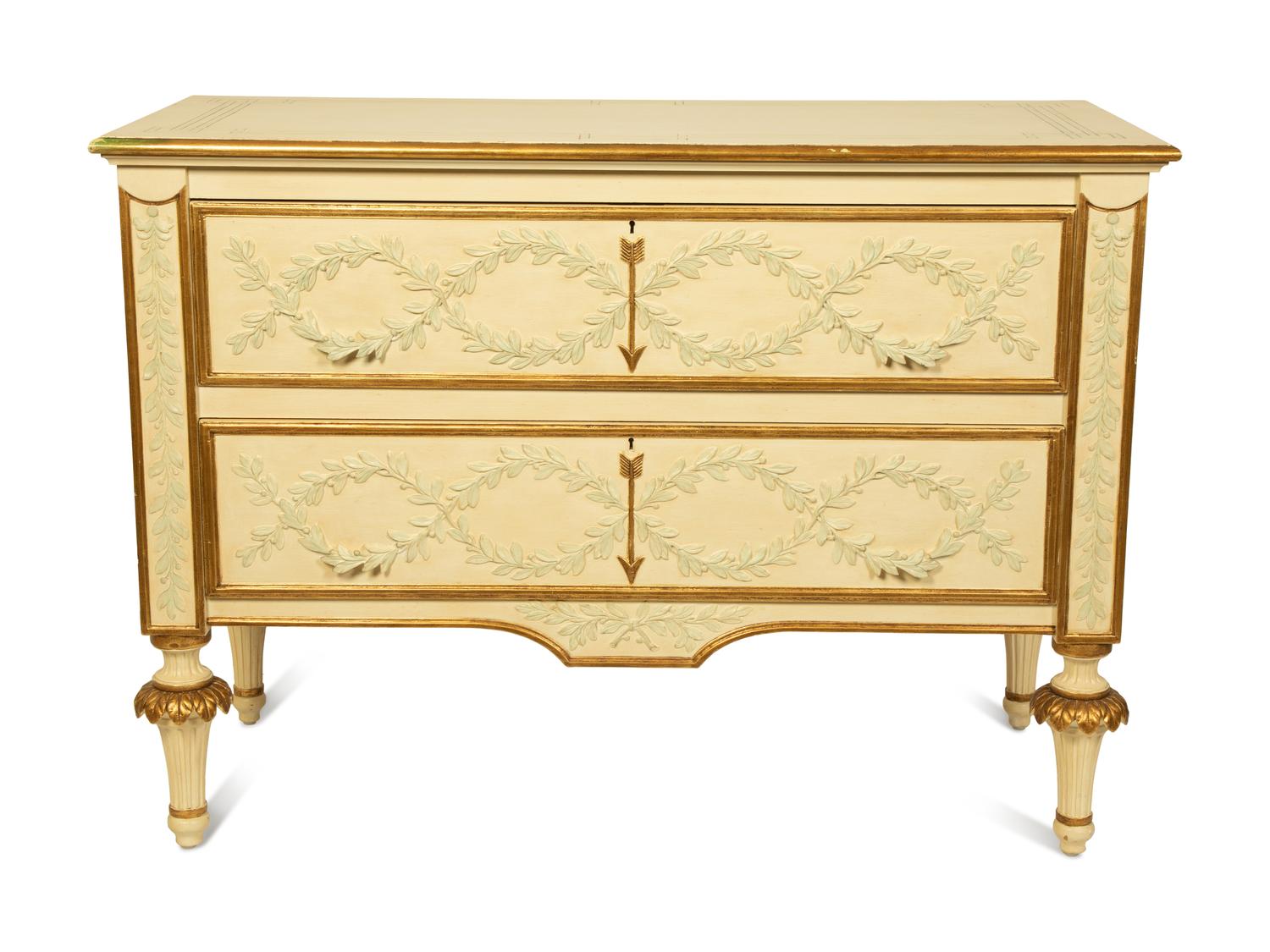 A Pair of Italian Neoclassical Style Painted and Parcel Gilt Commodes — 20TH CENTURY