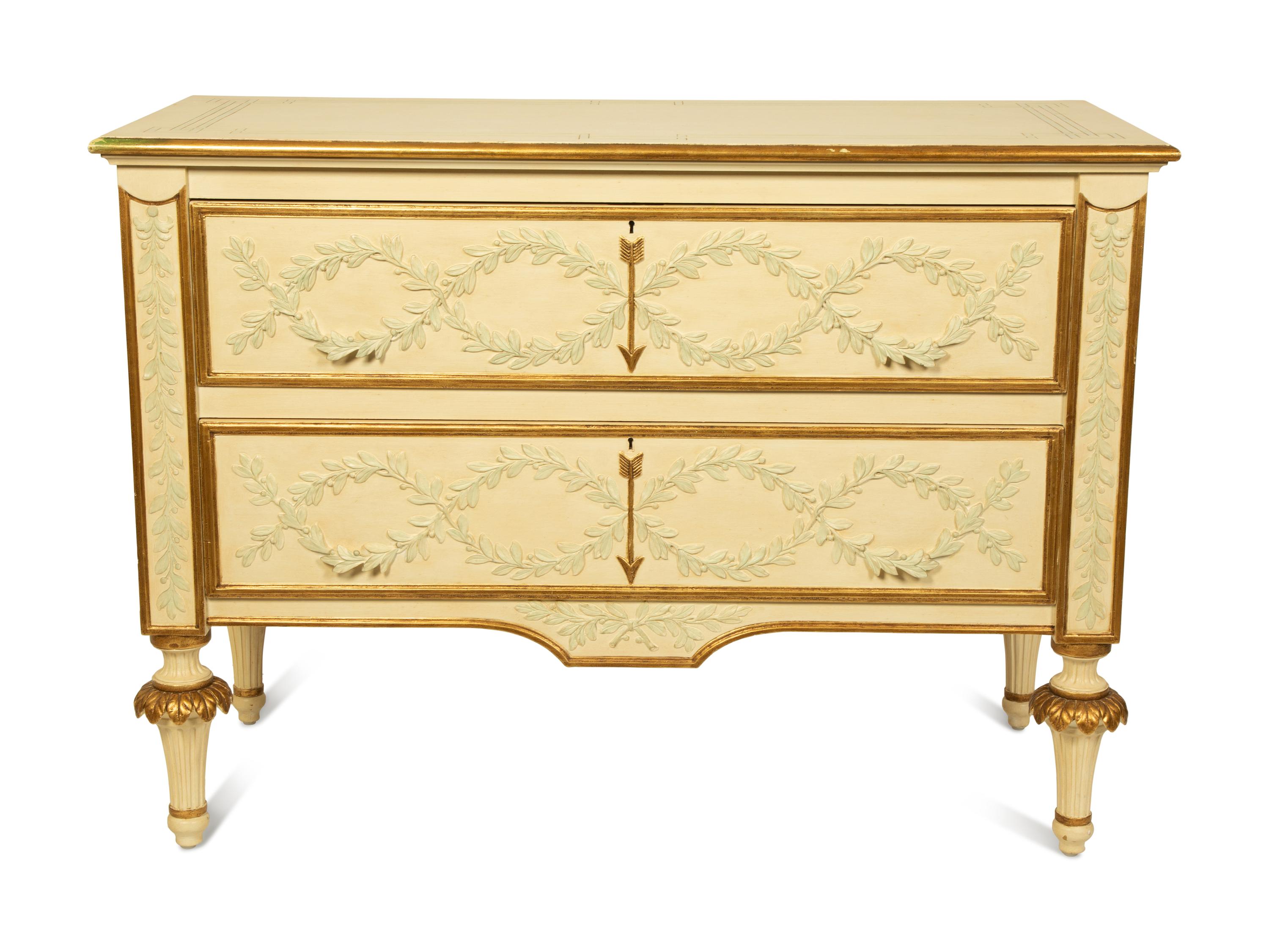 A Pair of Italian Neoclassical Style Painted and Parcel Gilt Commodes — 20TH CENTURY