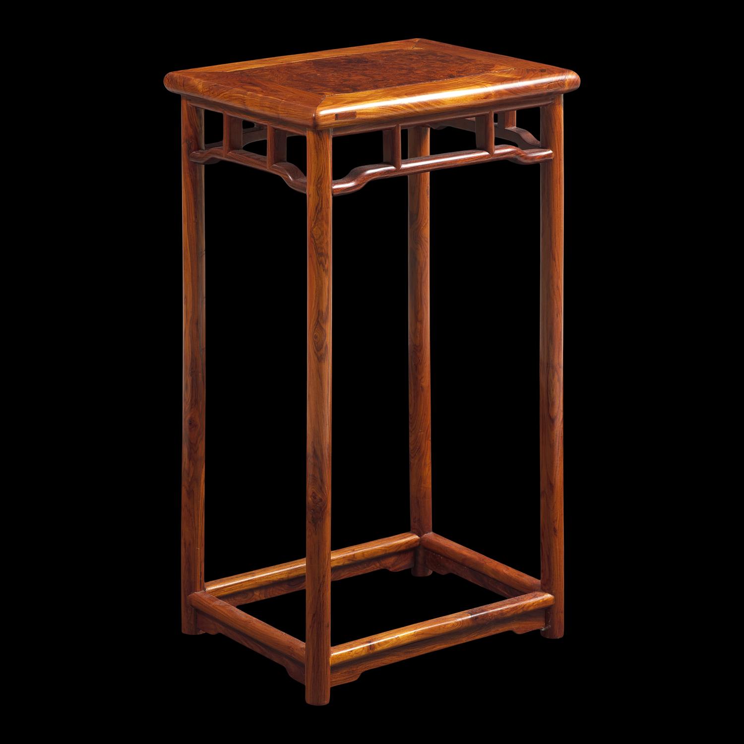 A Chinese Hardwood, Probably Huanghuali, and Burlwood Incense Stand, Xiangji , 20th Century 二十世紀 或黃花梨嵌癭木香几