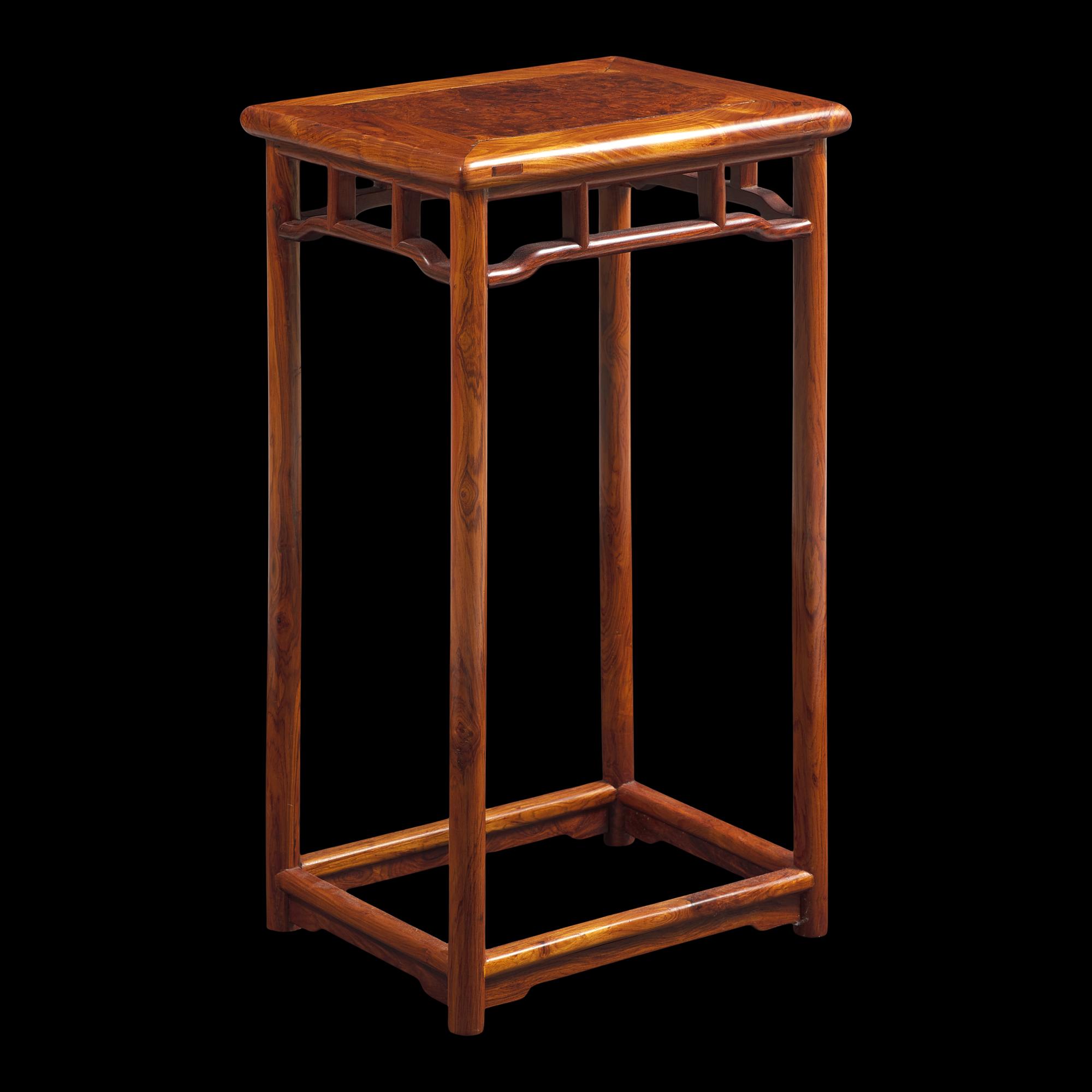 A Chinese Hardwood, Probably Huanghuali, and Burlwood Incense Stand, Xiangji , 20th Century 二十世紀 或黃花梨嵌癭木香几