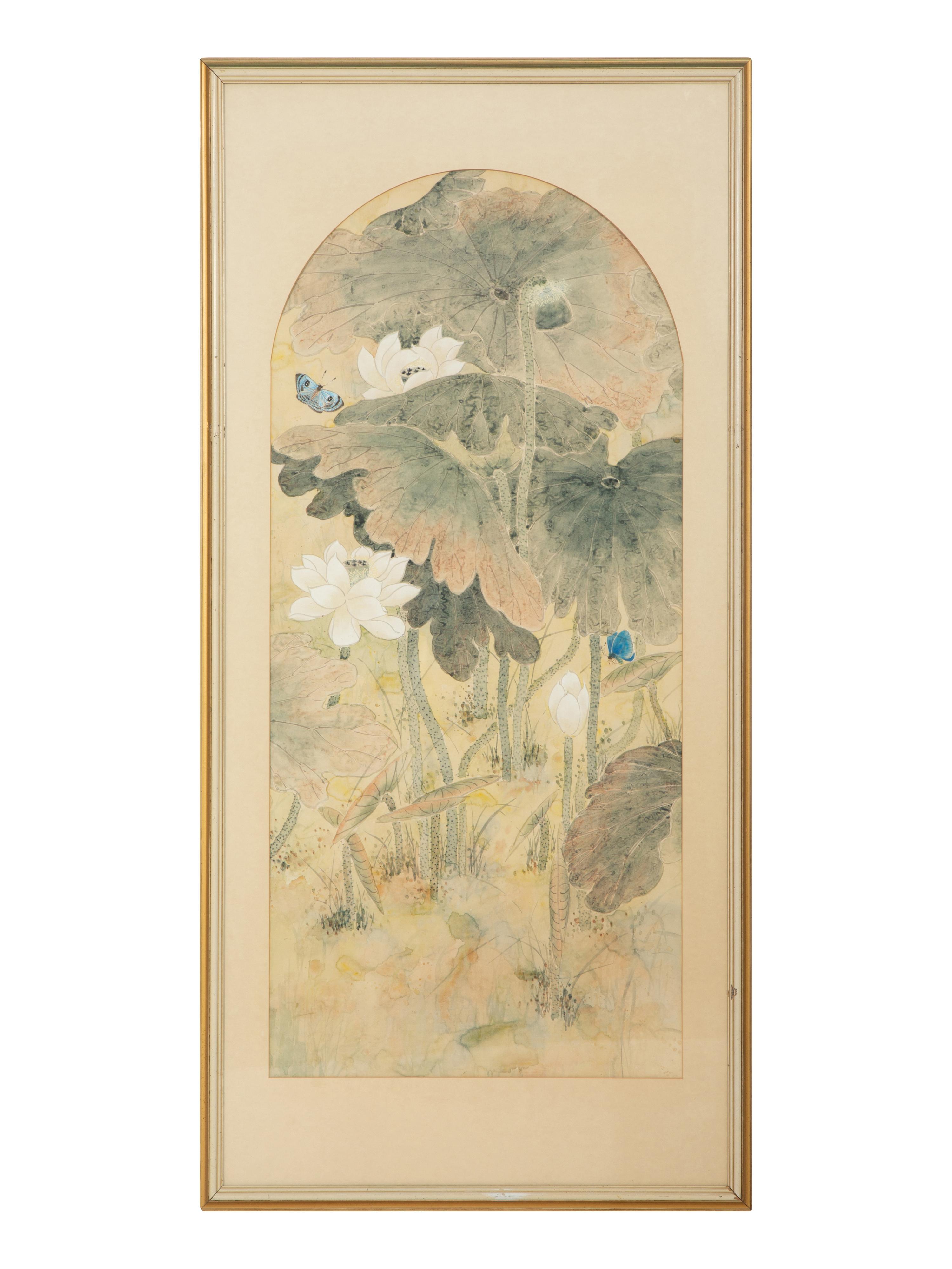 Cecilia Lin (Taiwanese, 20th Century) — Still Lives with Water Lilies and Butterflies (a pair)
