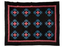 A Black, Blue and Red Star-Pattern Pieced Cotton Quilt
