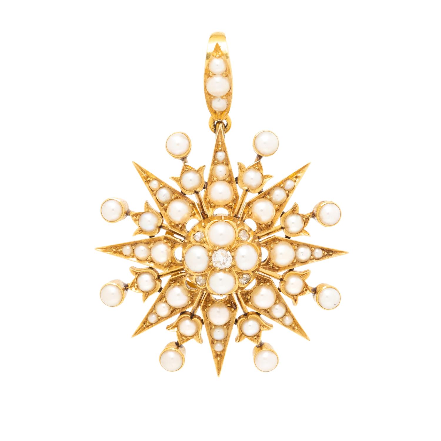 ANTIQUE, CULTURED PEARL, DIAMOND, AND YELLOW GOLD PENDANT