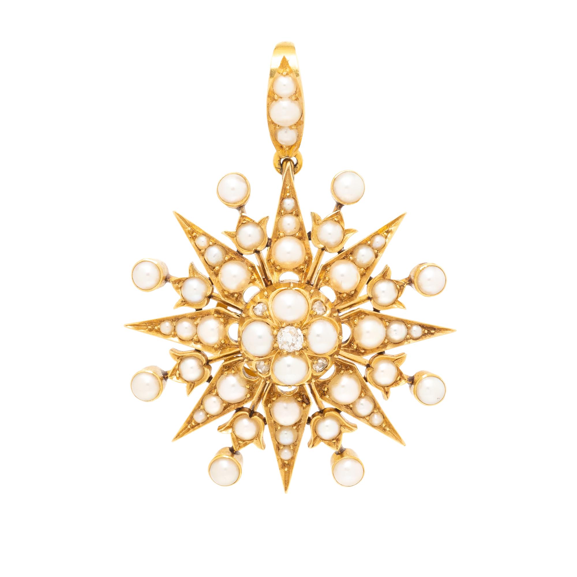 ANTIQUE, CULTURED PEARL, DIAMOND, AND YELLOW GOLD PENDANT