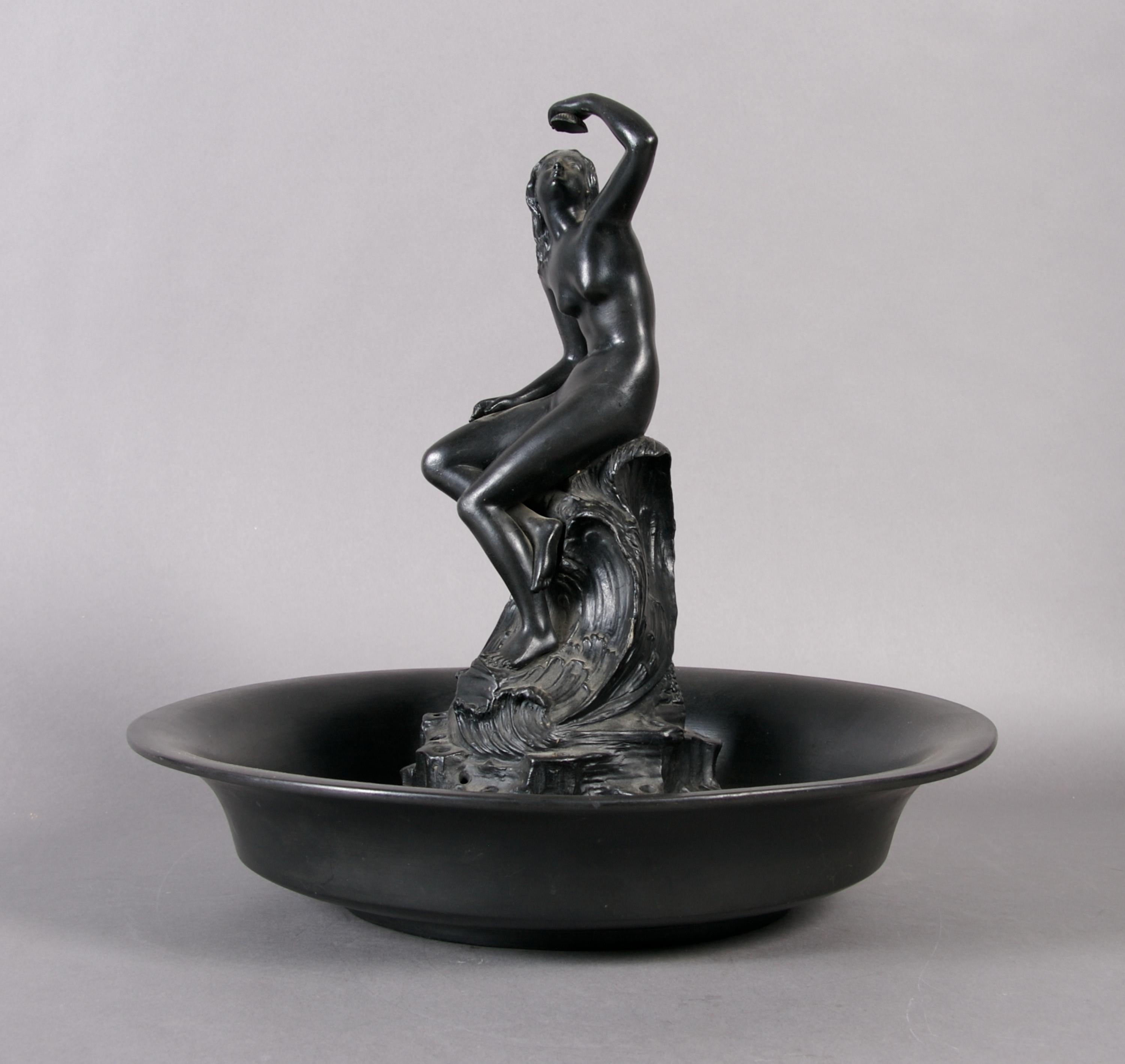 A Wedgwood Basalt Flower Frog and Bowl, Diameter 14 1/4 inches.