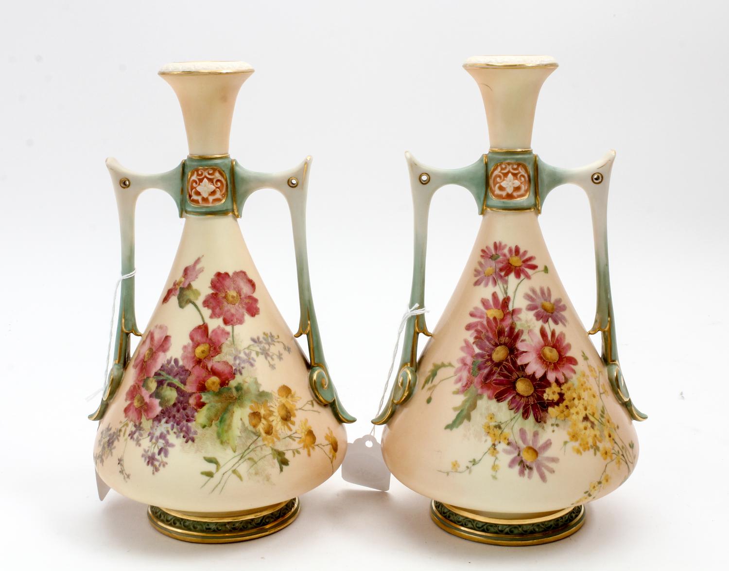 A Pair of Royal Worcester Porcelain Vases Height 9 1/2 inches. — 1897