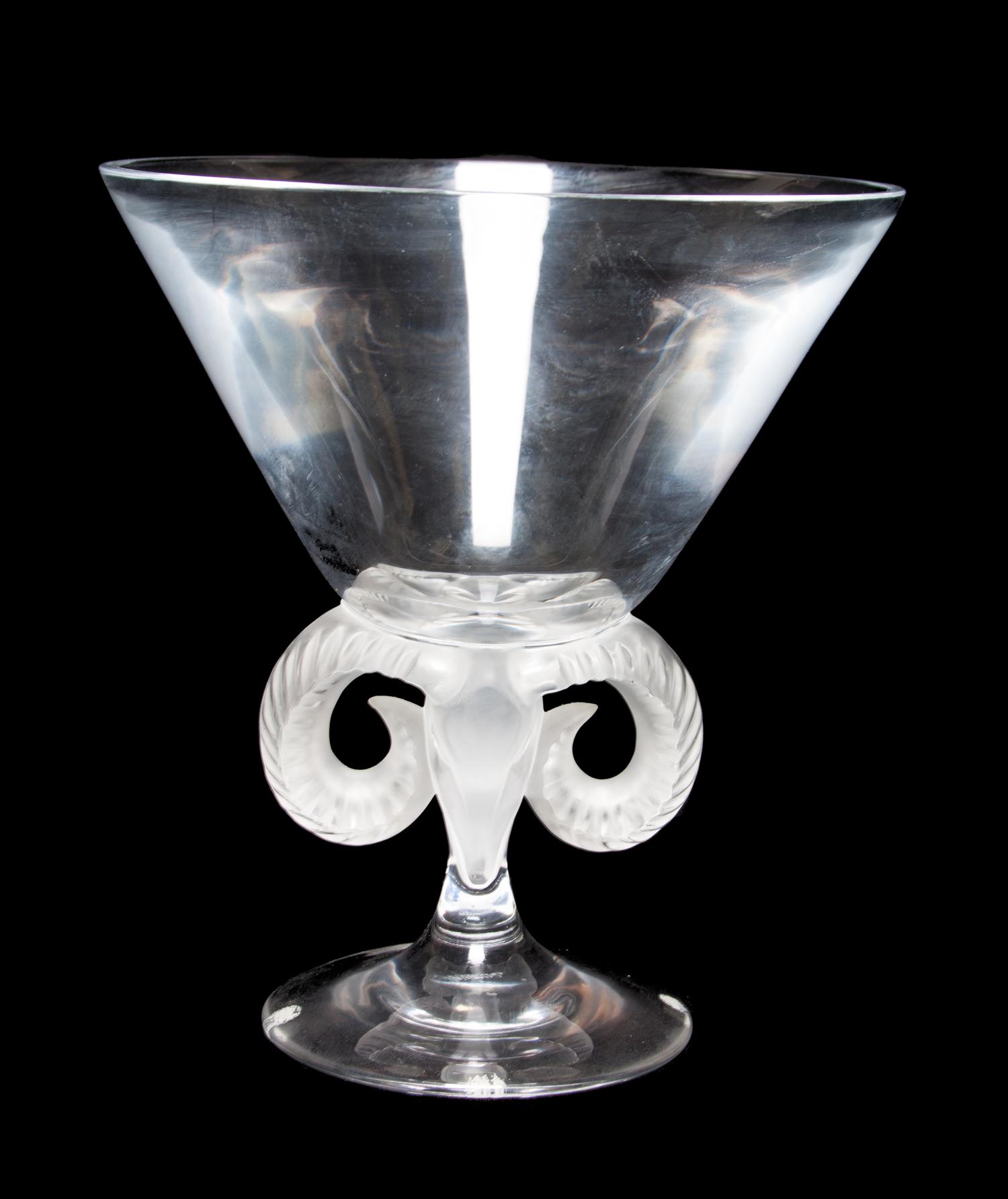 A Lalique Molded and Frosted Glass Compote Height 8 5/8 inches.