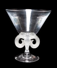 A Lalique Molded and Frosted Glass Compote Height 8 5/8 inches.
