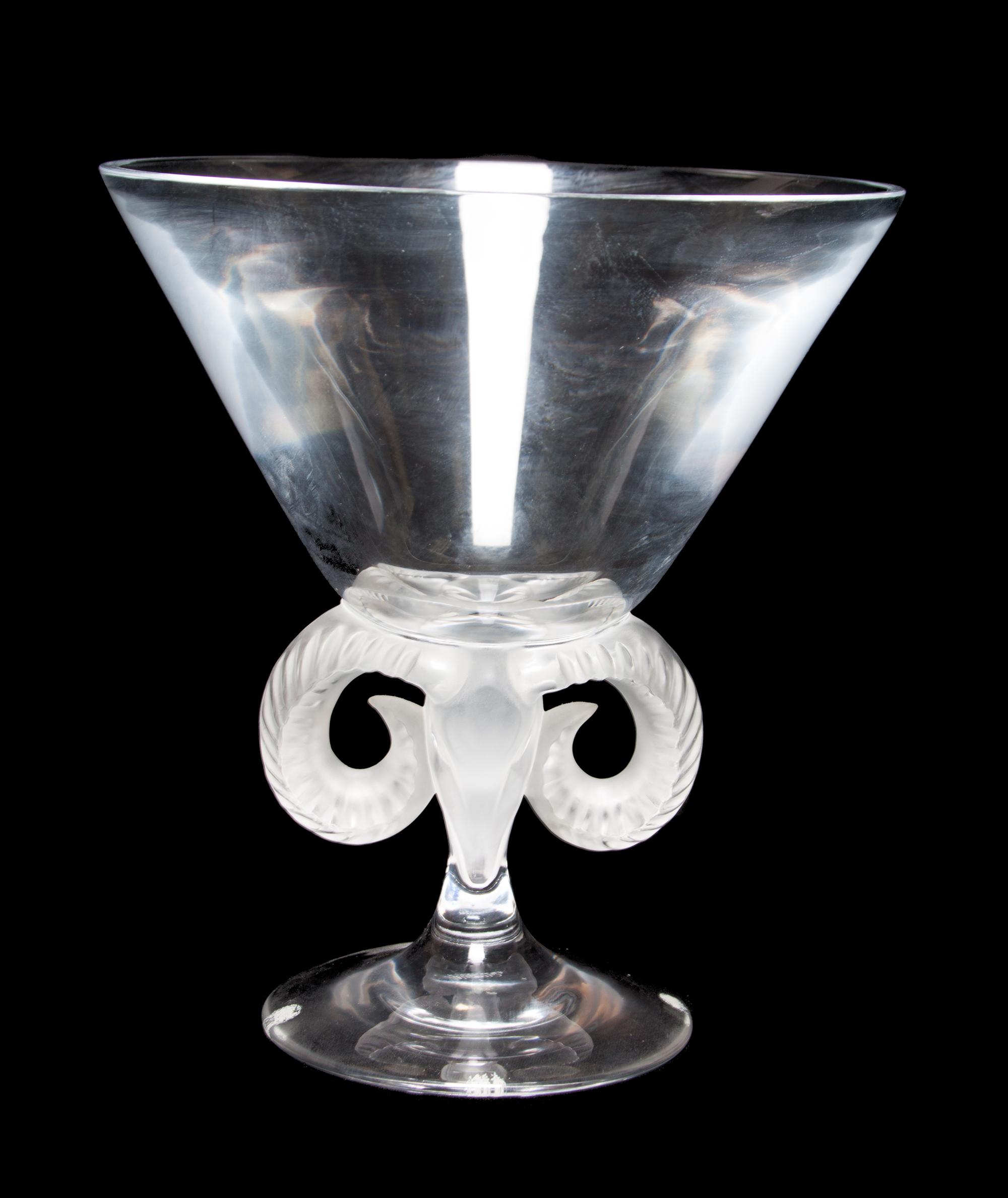 A Lalique Molded and Frosted Glass Compote Height 8 5/8 inches.
